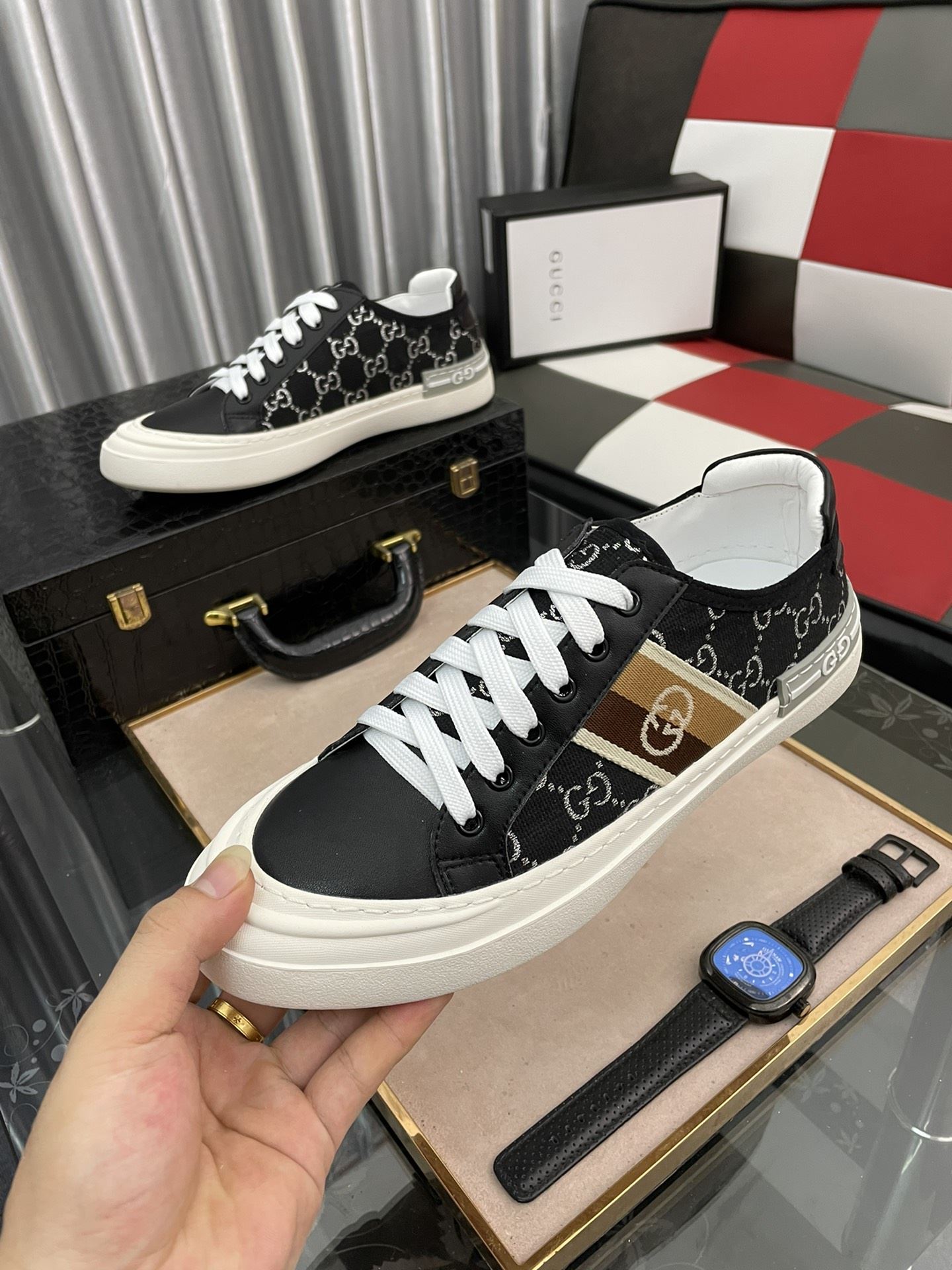 Gucci Men's GG Embroidery Sneaker With Web Black For Men