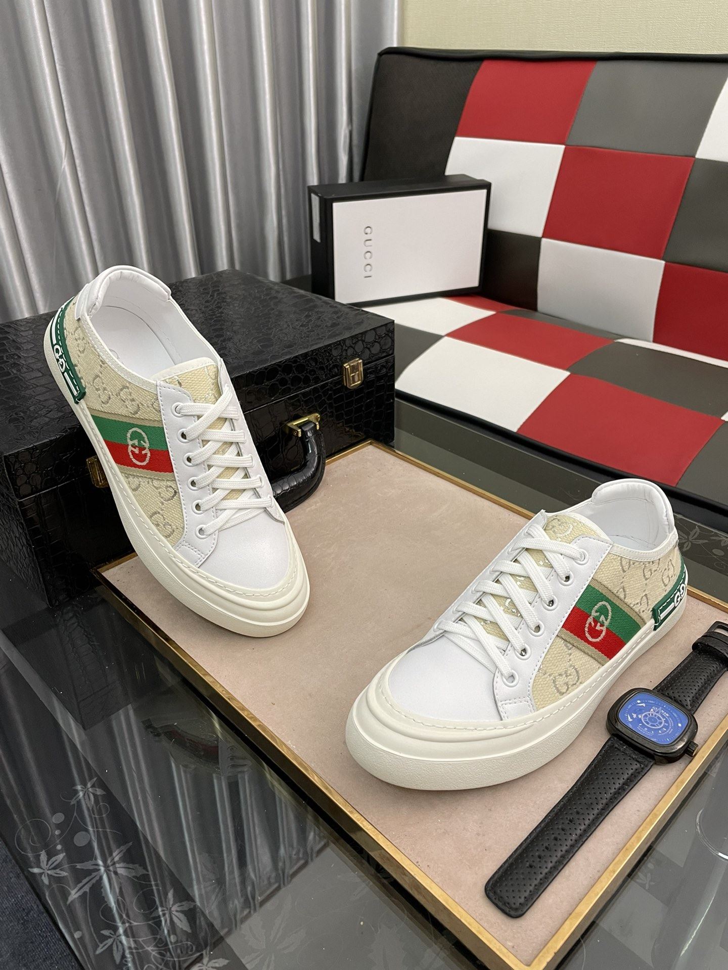 Gucci Men's GG Embroidery Sneaker With Web White And Beige For Men
