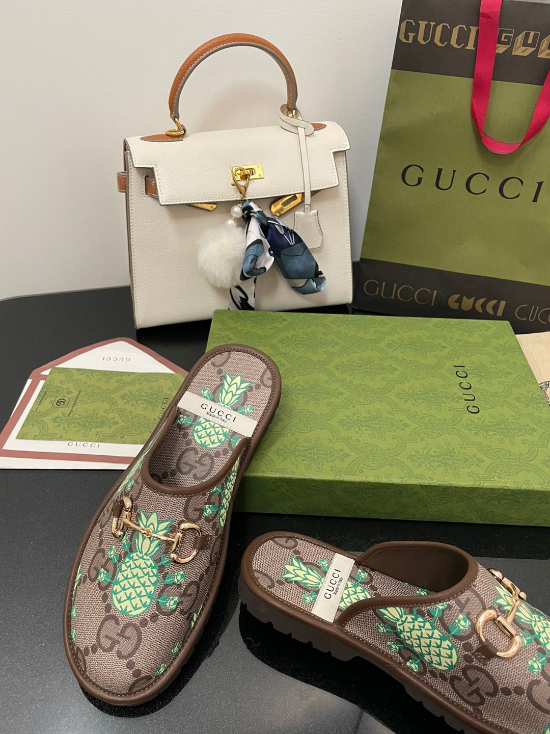 Gucci Men's GG Slipper With Horsebit Brown in Pineapple Print For Men GG Shoes 694249