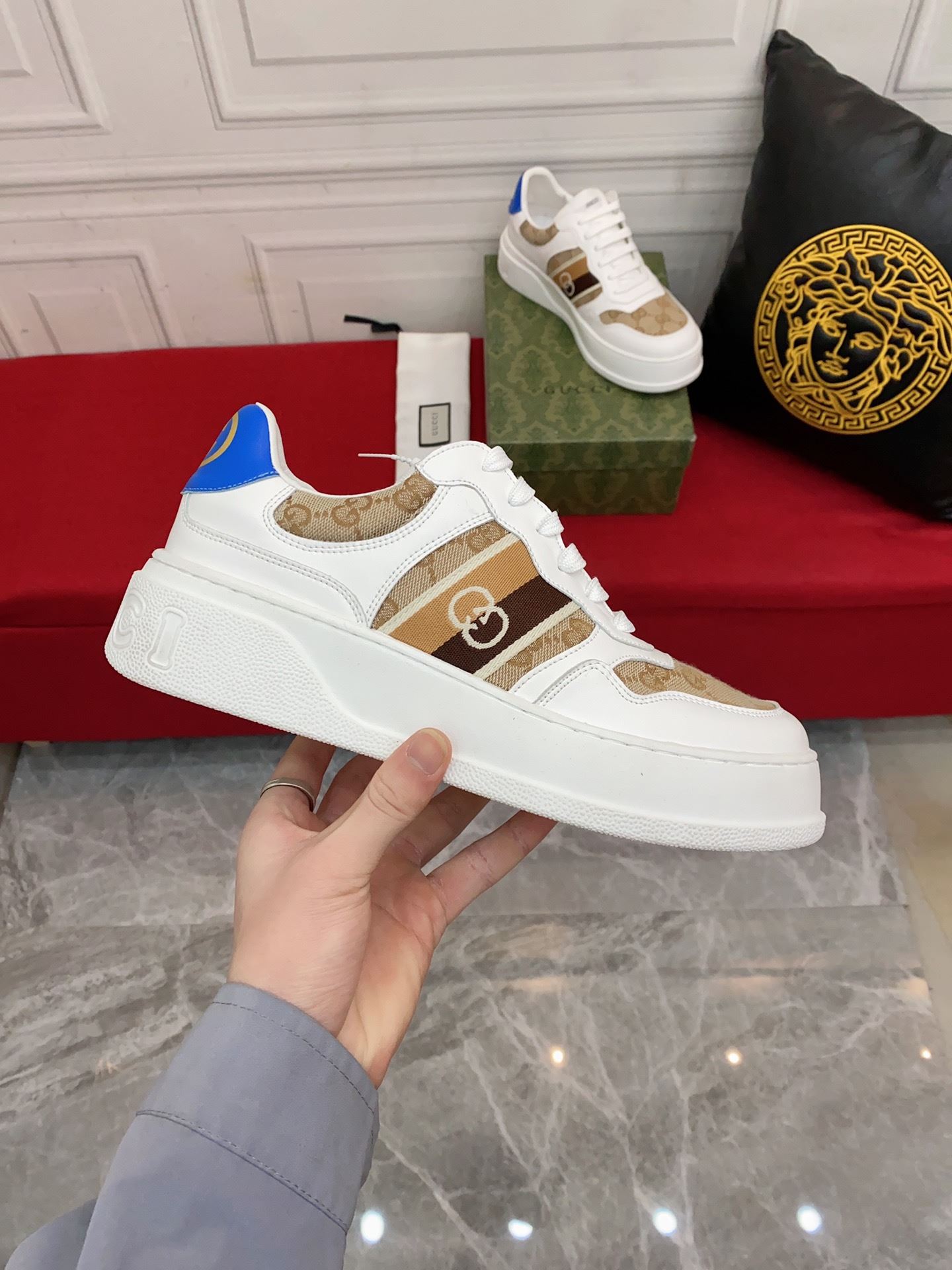 Gucci Men's GG Sneaker With Web White And Beige For Men 669698