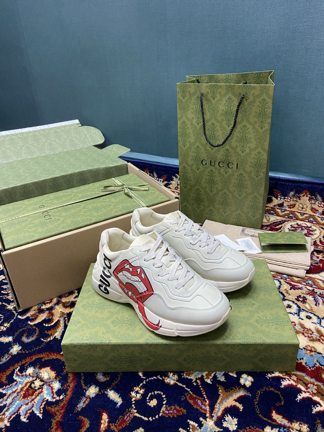 Gucci Men's Rhyton Sneakers With Mouth Print White Ivory For Men 552089 A9L00 9522