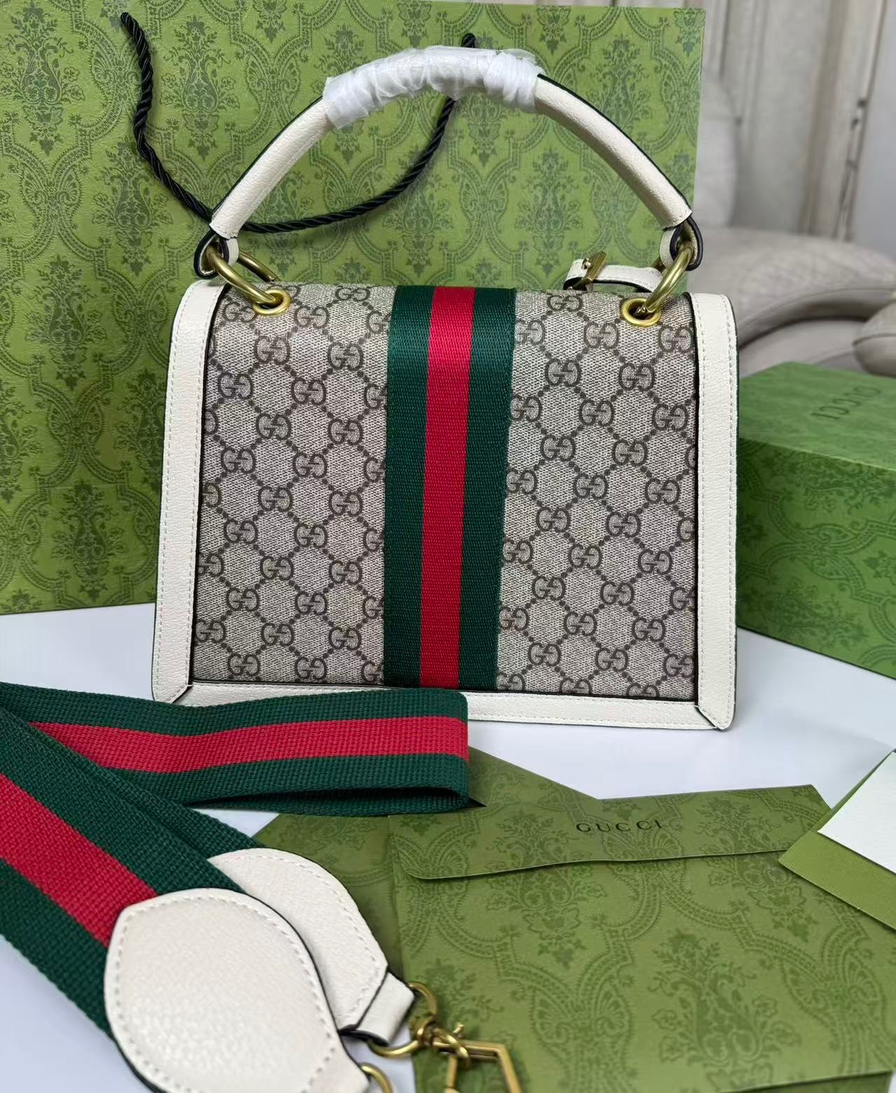 Gucci Queen Margaret GG Small Top Handle Bag 10in/ 26cm Beige And Ebony GG Supreme Canvas For Women GG 476541