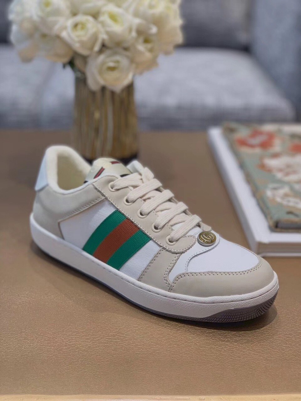 Gucci Screener With Web Sneakers Beige/ White For Women