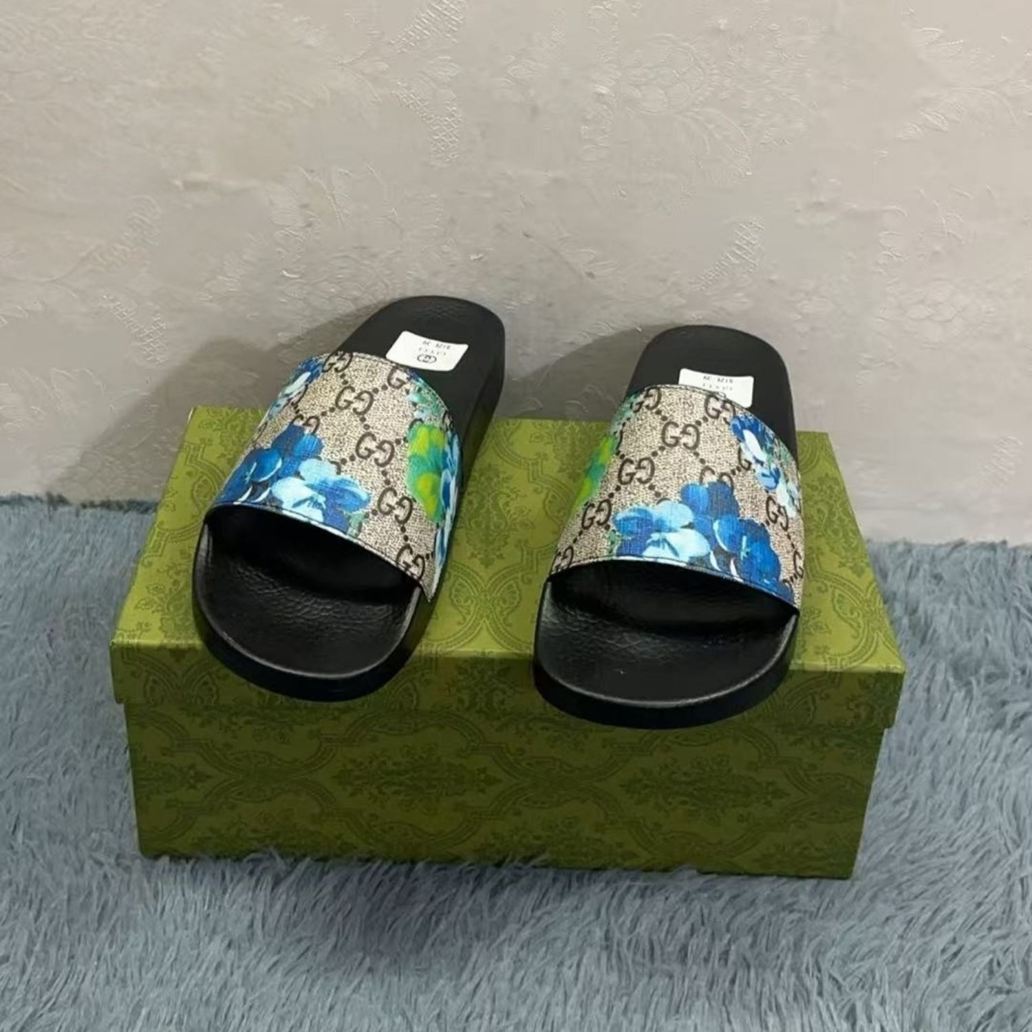 Gucci Bloom Print Slides Blue For Women 408508 G2200
