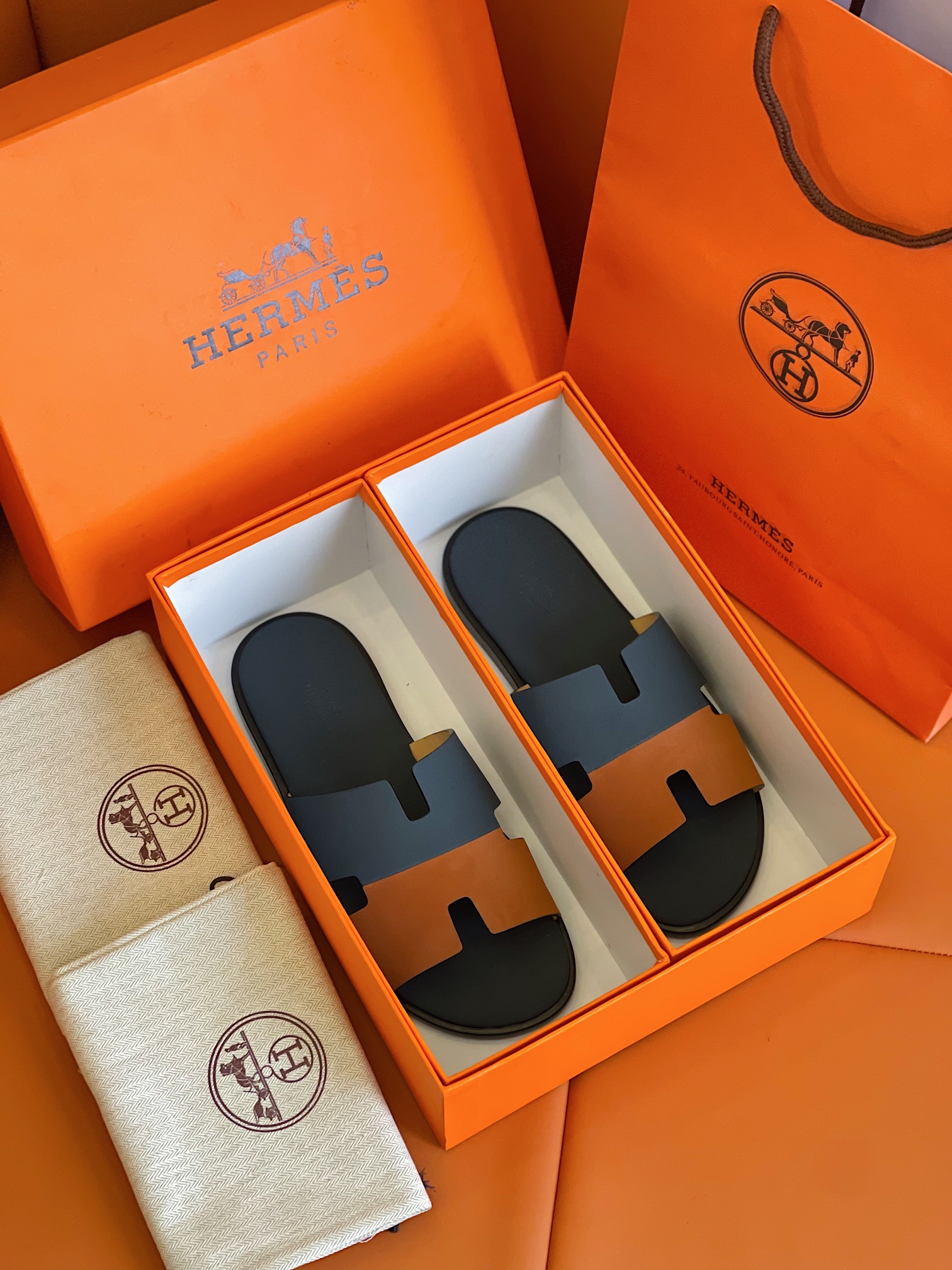 Hermes Izmir Sandals Dark Blue/ Brown For Men