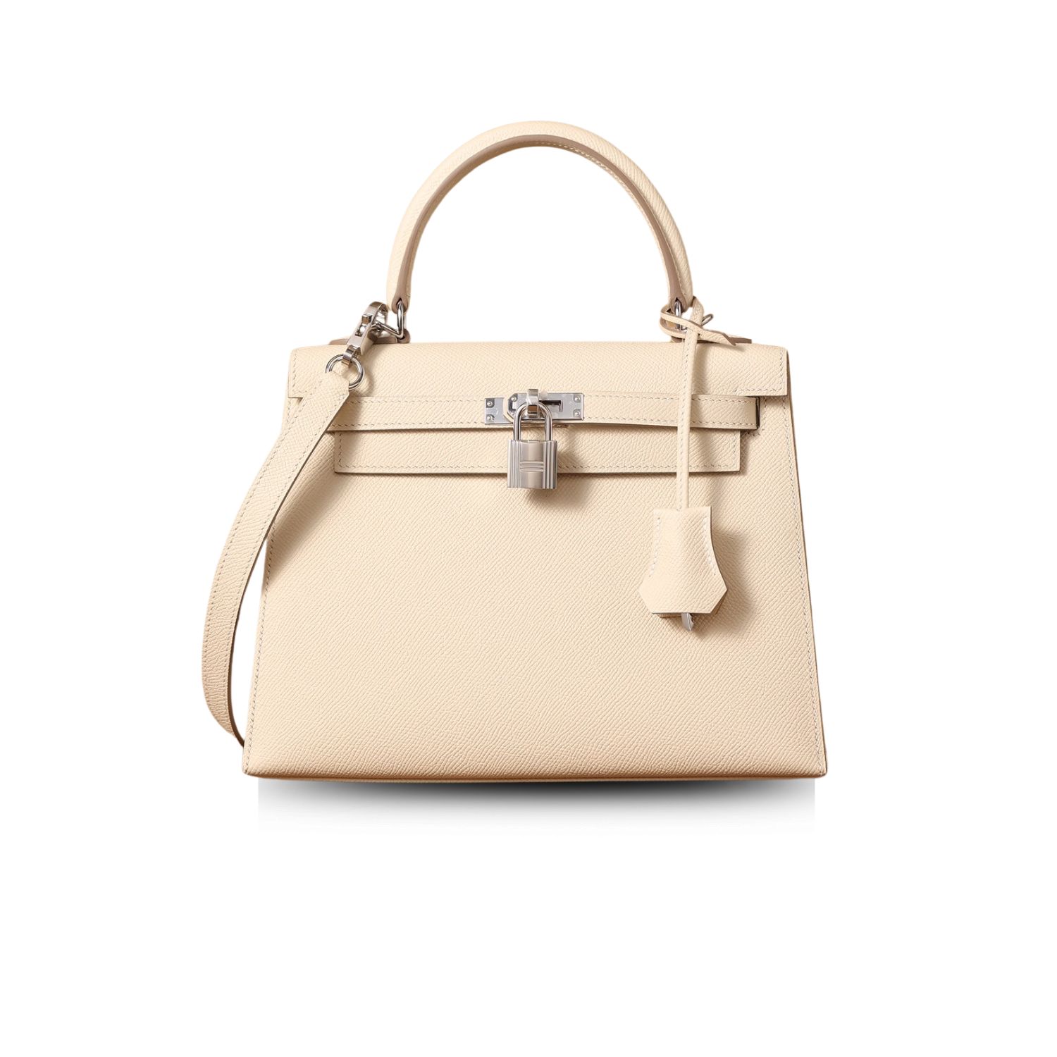 Hermes Kelly Epsom Silver Lock Bag Cream For Women 9,8in/25cm -