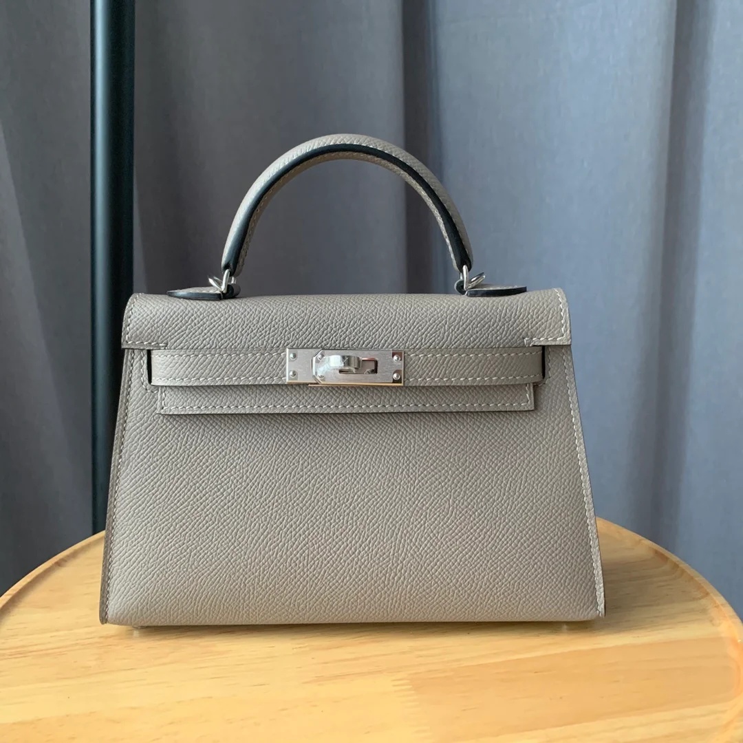 Hermes Kelly Mini Top Handle Bag 7.5in/ 19cm Light Grey Epsom Palladium Hardware For Women
