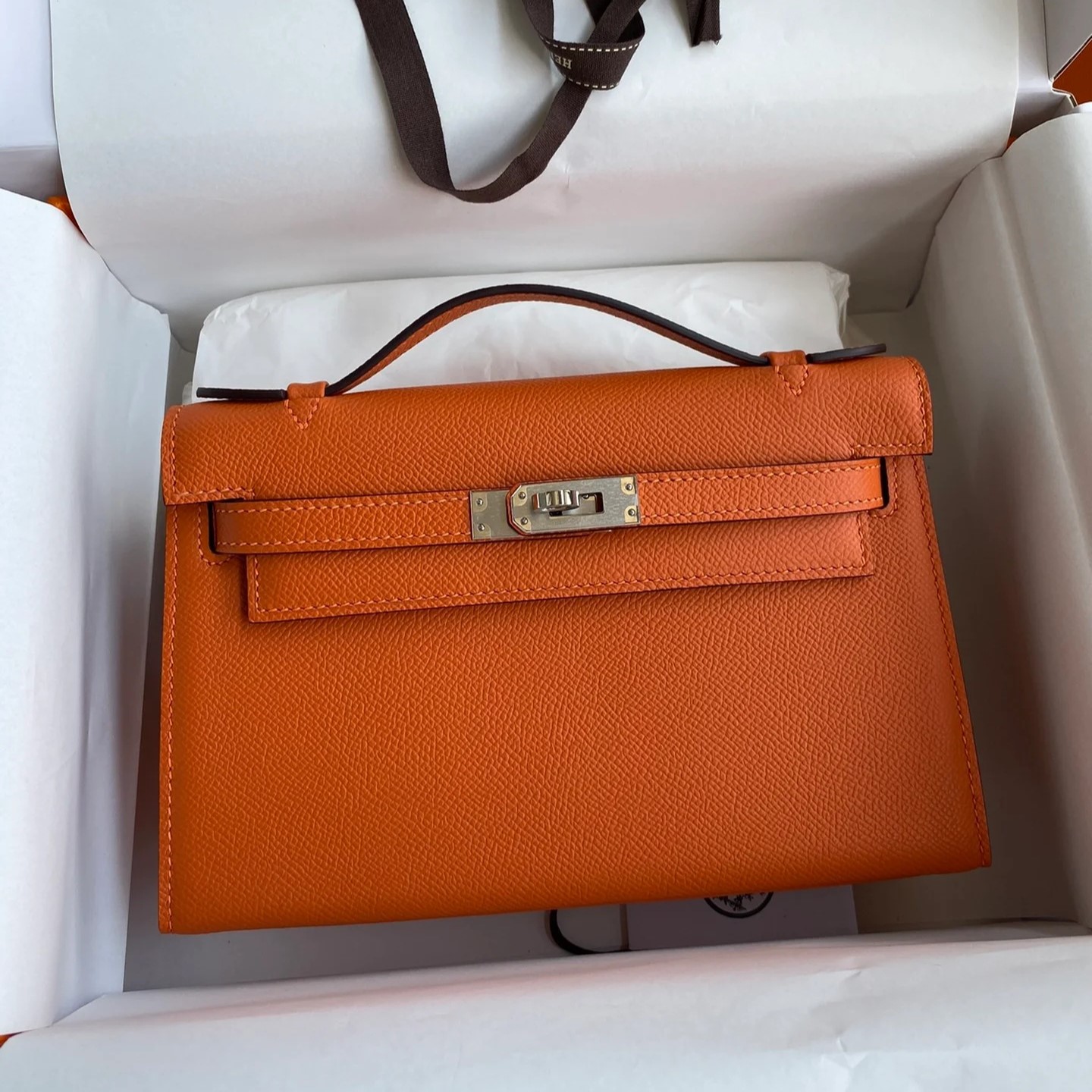 Hermes Kelly Pochette Top Handle Bag 8.7in/ 22cm Orange Epsom Palladium Hardware For Women