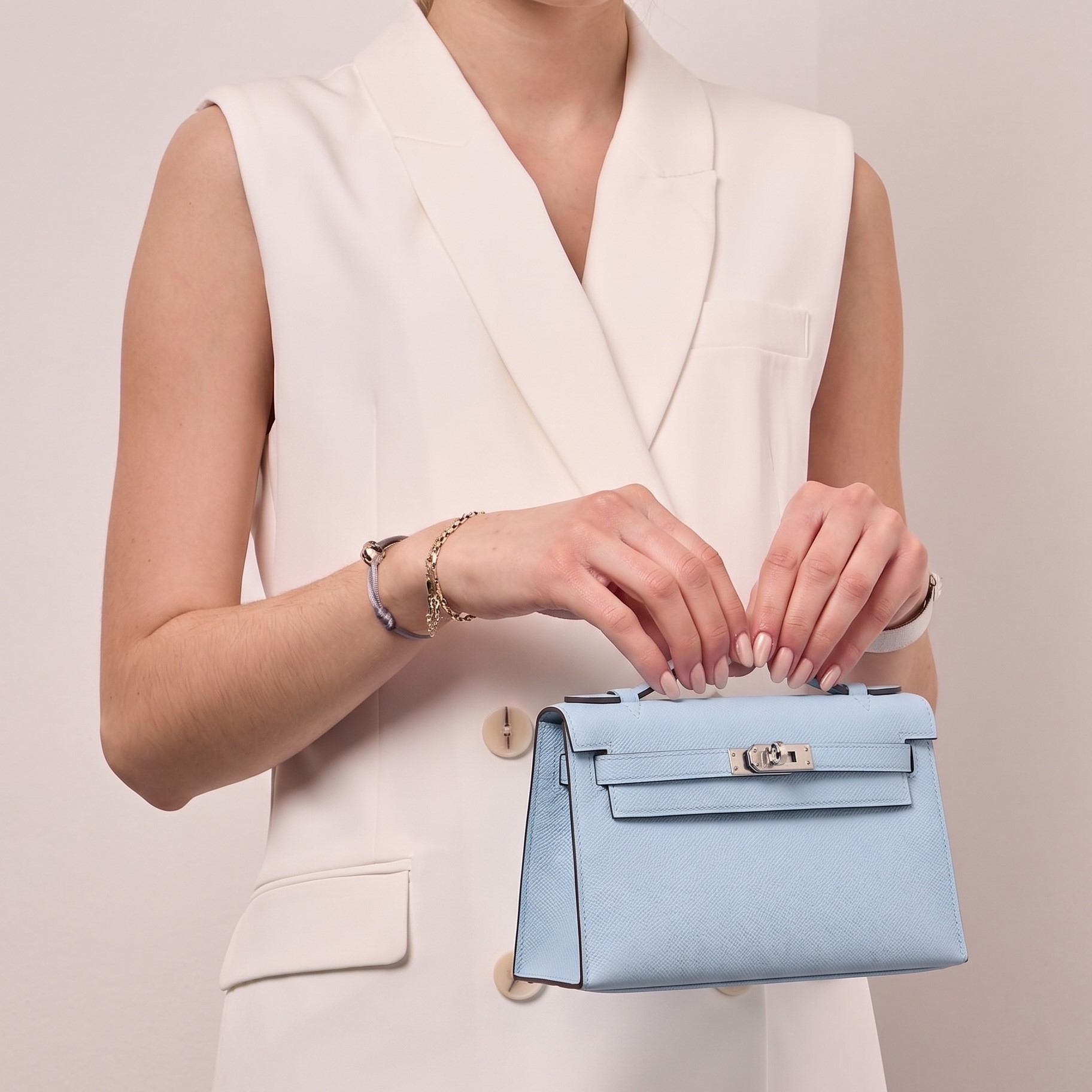 Hermes Kelly Pochette Top Handle Bag 8.7in/ 22cm Sky Blue Epsom Palladium Hardware For Women