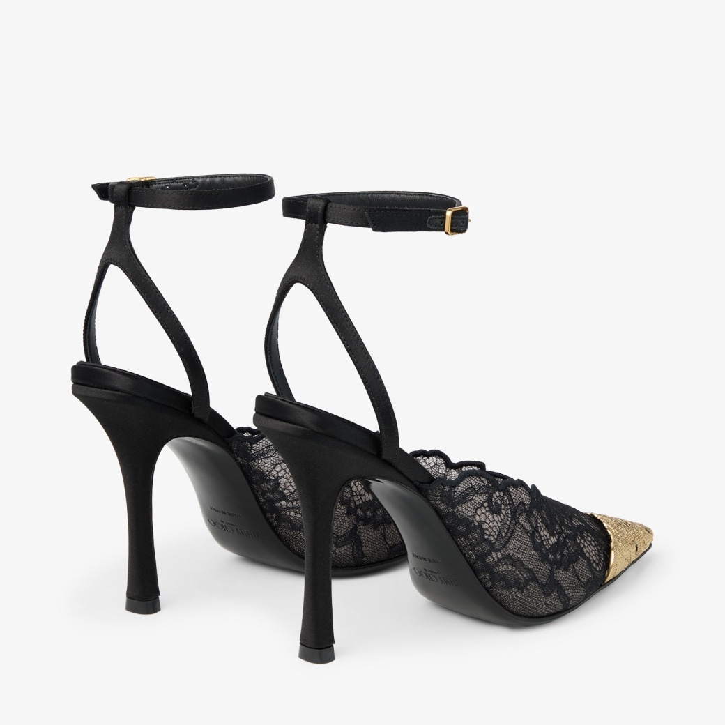 Jimmy Choo Faiz 100 Lace Pumps Black/ Vintage Gold For Women FAIZ100FYZ