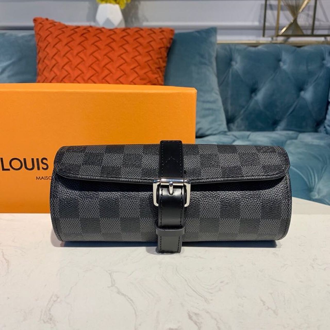 Louis Vuitton 3 Watch Case Damier Graphite Canvas For Men, Men's Bags, Travel Bags 7.9in/20cm LV N41137