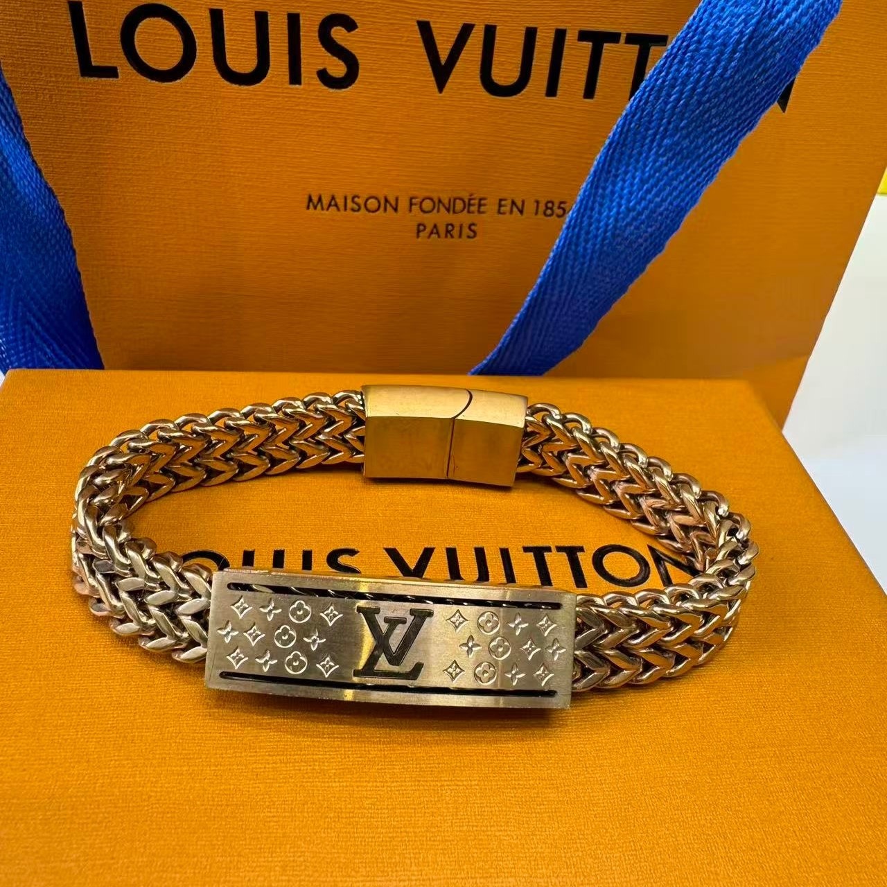 Louis Vuitton Monogram Chain Braided Bracelet Gold Hardware For Men