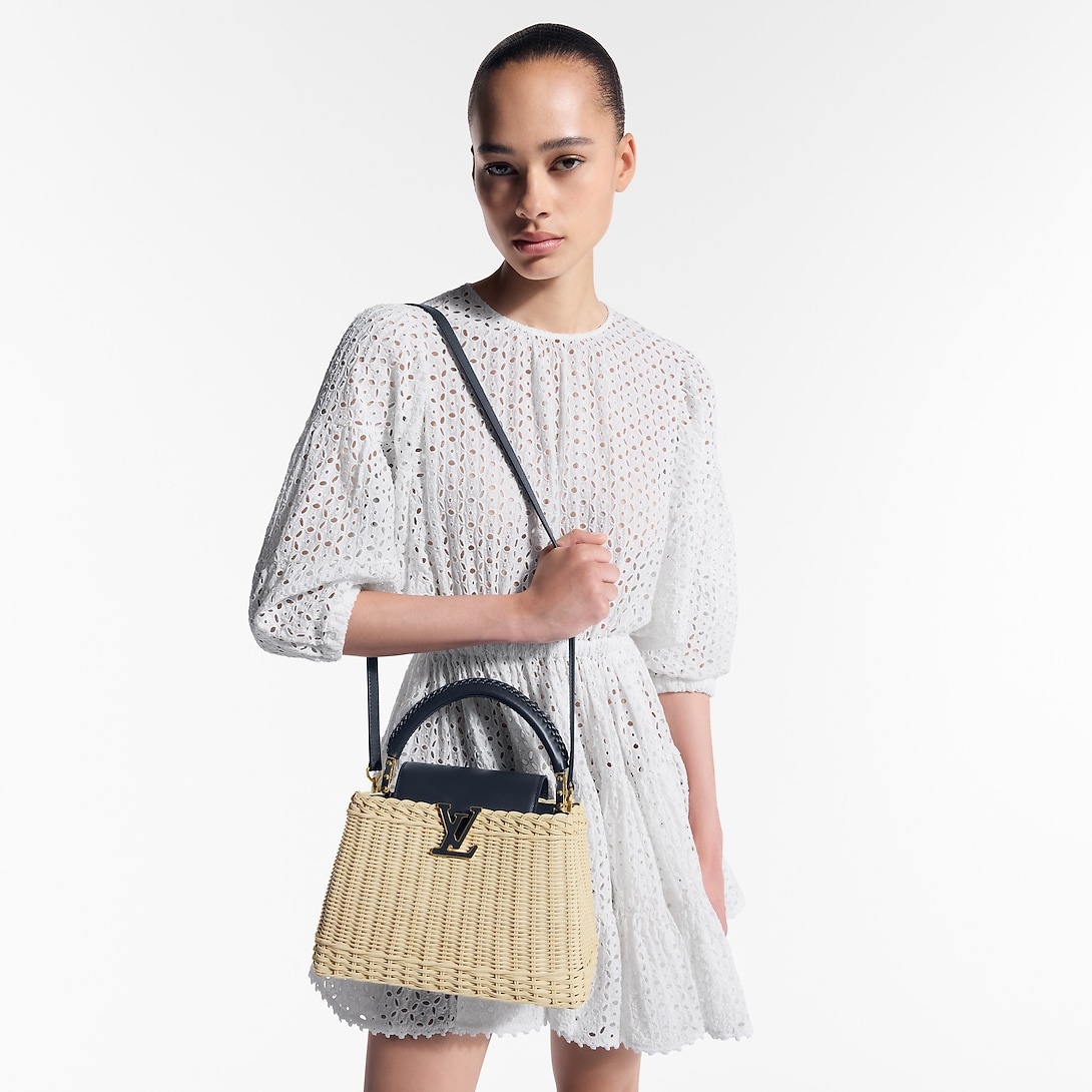 Louis Vuitton Capucines BB Top Handle Bag 10.6in/ 27cm Navy Rattan Gold Hardware For Women M14366