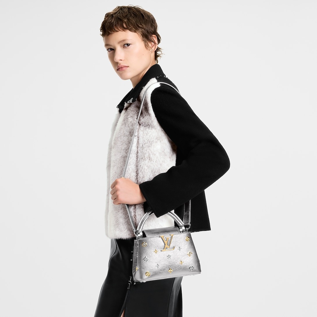 Louis Vuitton Capucines Mini Top Handle Bag 8.3in/ 21cm Silver Metallic Silver/ Gold Hardware For Women M26258