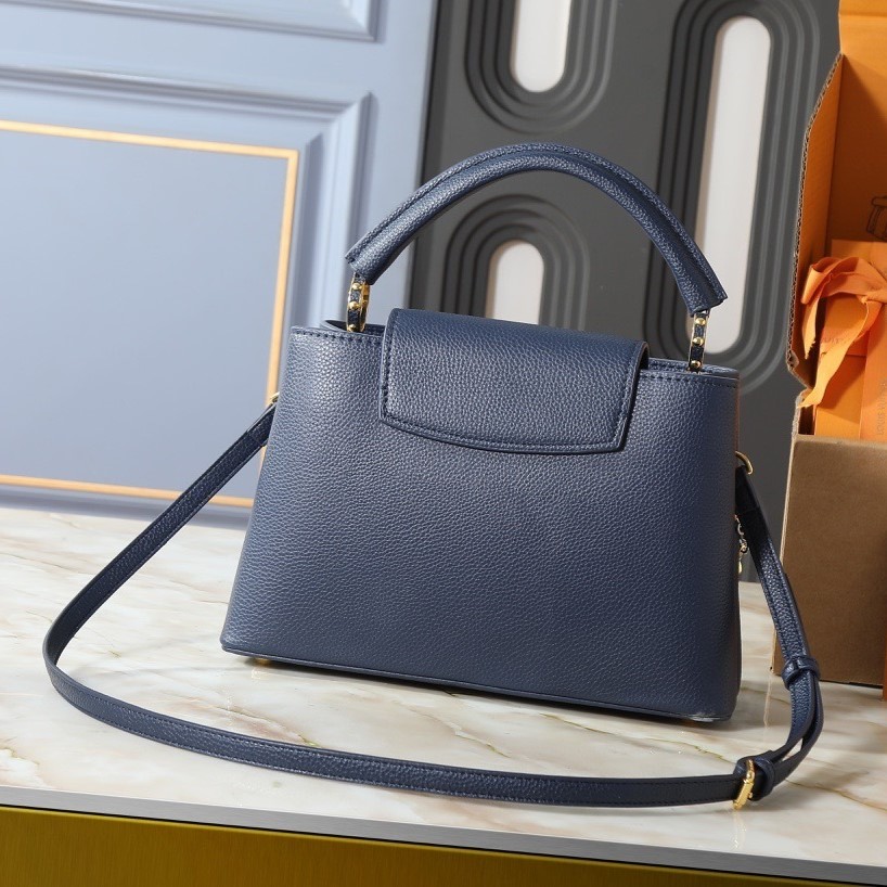 Louis Vuitton Capucines MM Top Handle Bag 12.4in/ 31.5cm Navy Blue Silver/ Gold Hardware For Women M27035