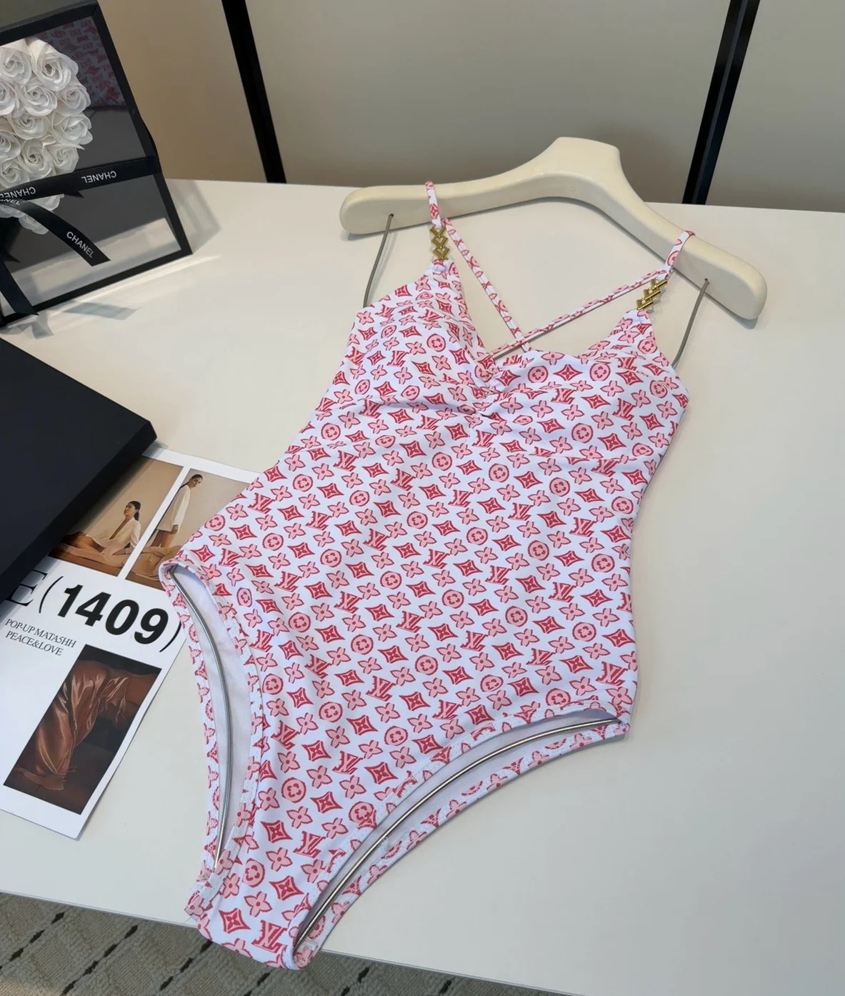 Louis Vuitton Chain Ruched One-Piece Swimsuit Pink/ Red Monogram For Women