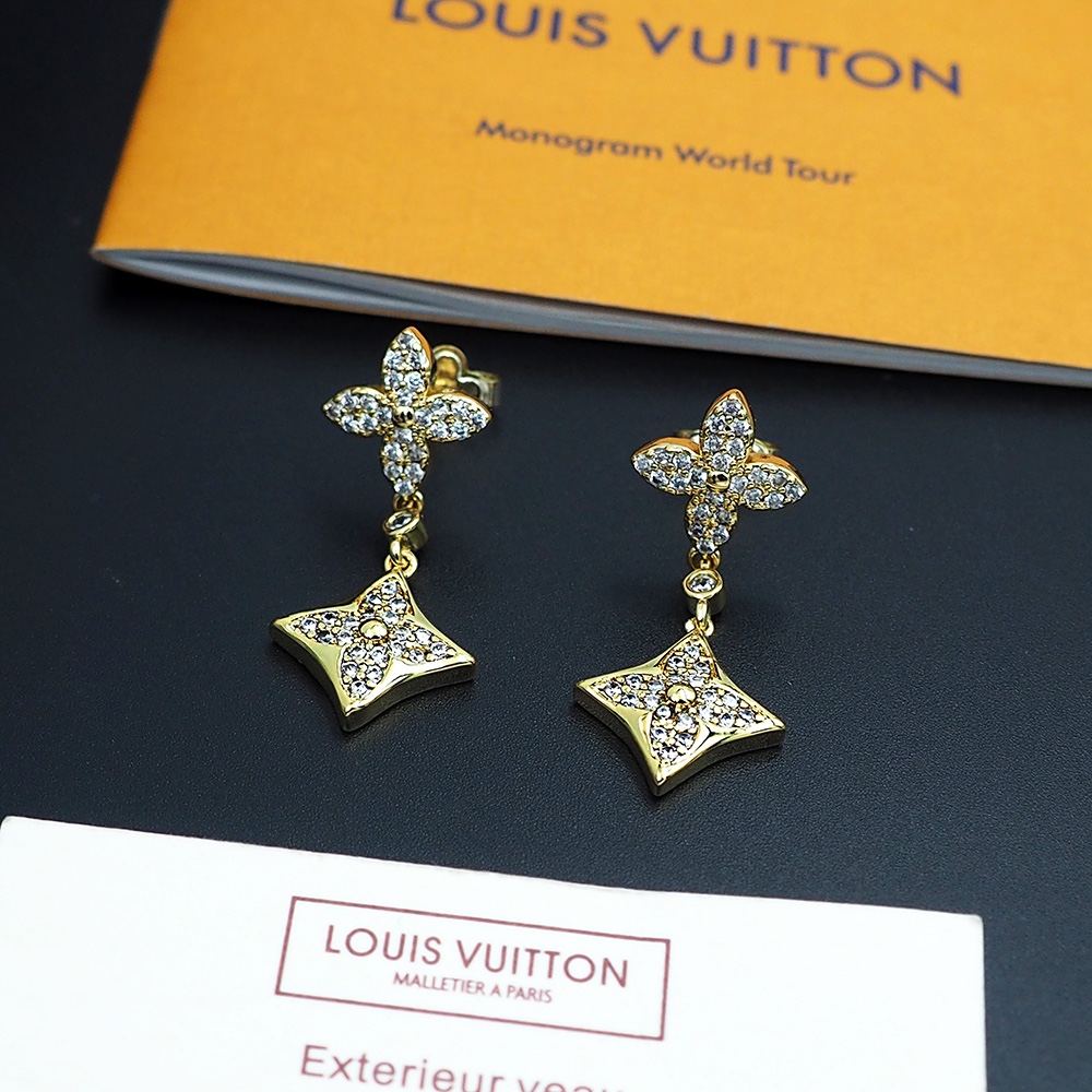 Louis Vuitton Diamond Floral Earrings Gold For Women