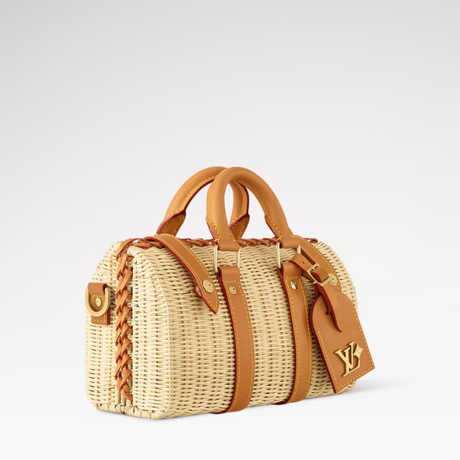 Louis Vuitton Keepall Bandouliere 25 Travel Bag 9.8in/ 25cm Natural Beige Rattan Gold Hardware M14455
