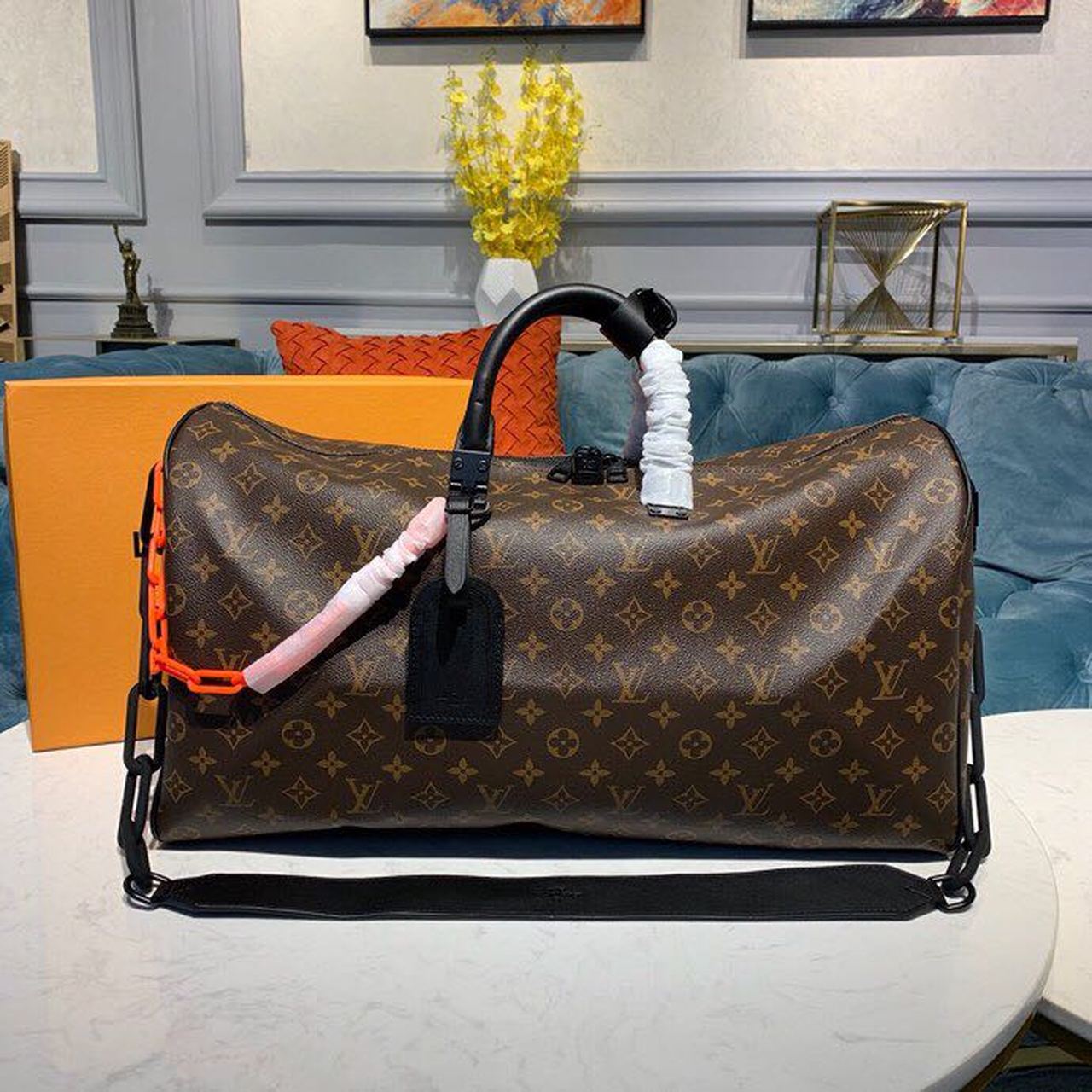 Louis Vuitton Keepall Bandouliere 50 Travel Bag 19.7in/ 50cm Black/ Orange Monogram Black Hardware M44471