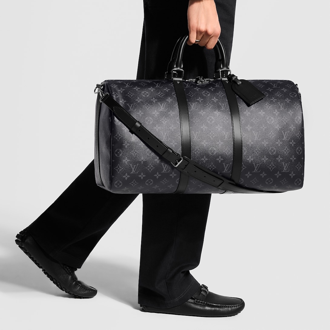 Louis Vuitton Keepall Bandouliere 50 Travel Bag 19.7in/ 50cm Black Monogram Eclipse Silver Hardware M14202