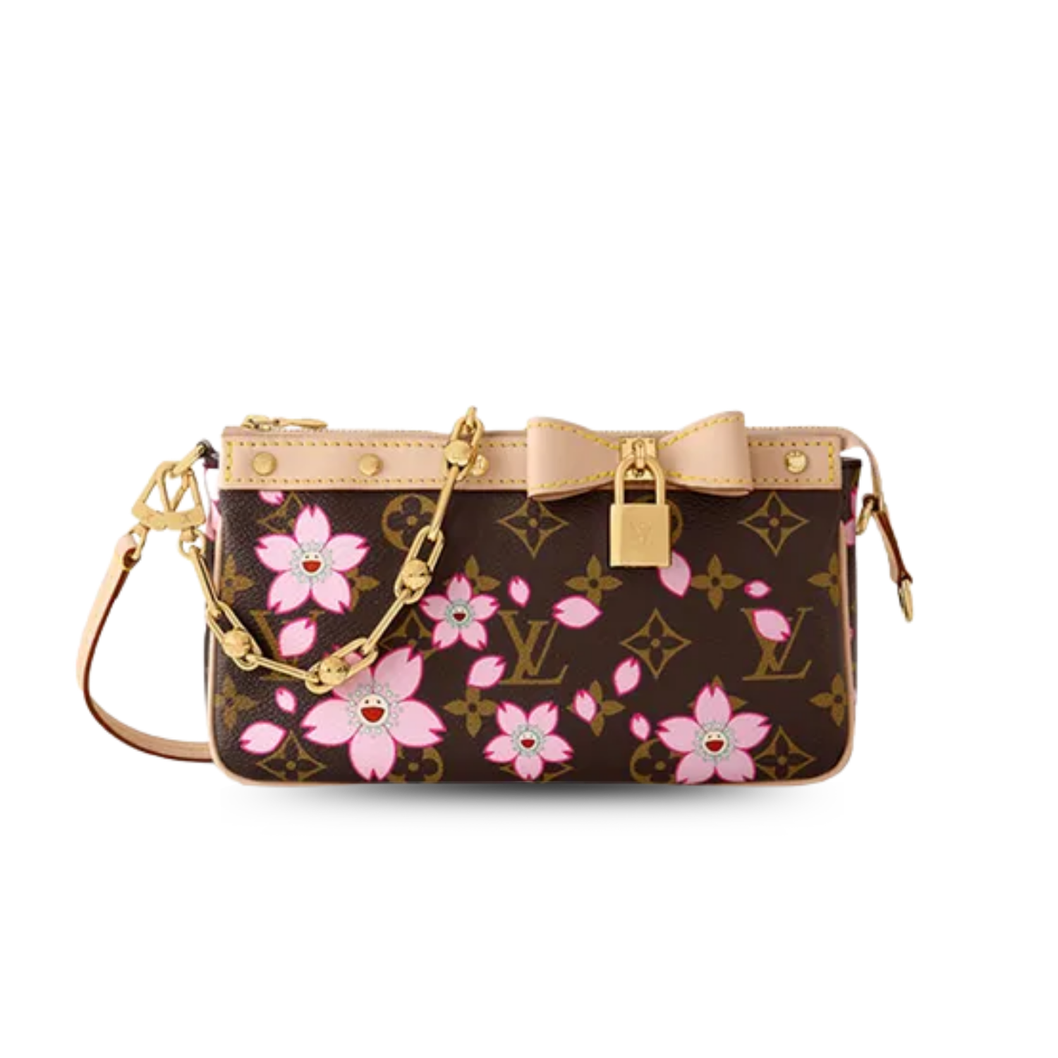Louis Vuitton LV x Murakami Pochette Accessoires Shoulder Bag 8.7in/ 22cm Sakura Brown Gold Hardware For Women M13666