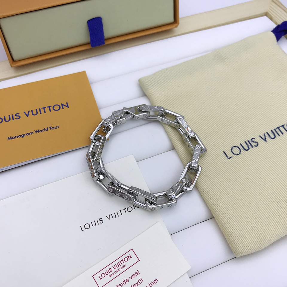 Louis Vuitton Monogram Chain Bracelet Silver Tone For Men M00308