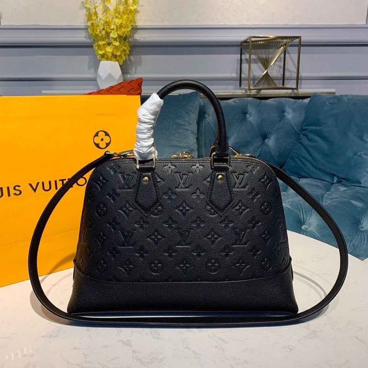 Louis Vuitton Neo Alma PM Top Handle Bag 12.5in/ 32cm Monogram Empreinte Black Canvas Gold Hardware M44832