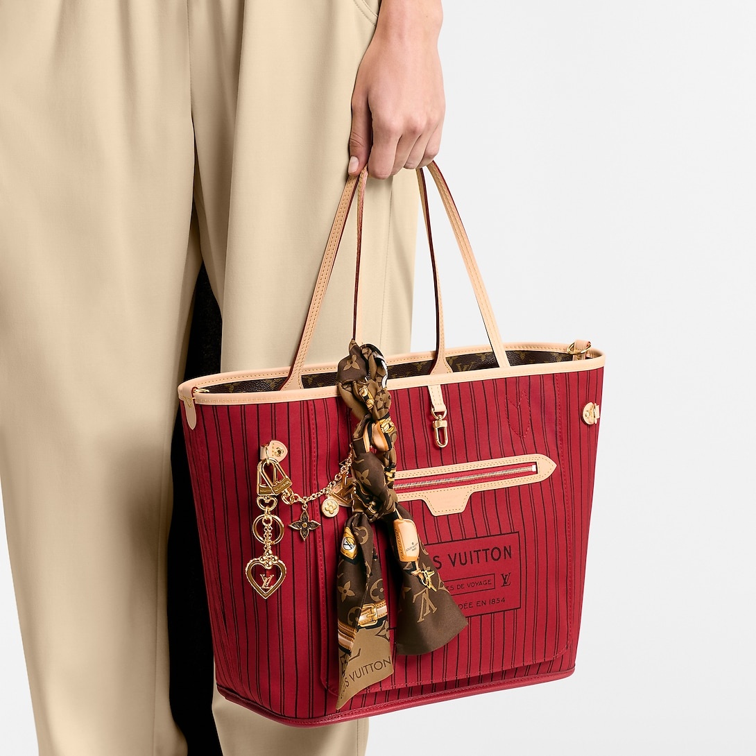 Louis Vuitton Neverfull Bandouliere Inside Out MM Tote Bag 12.2in 31cm Rouge Sari Gold Hardware Textile For Women M12096