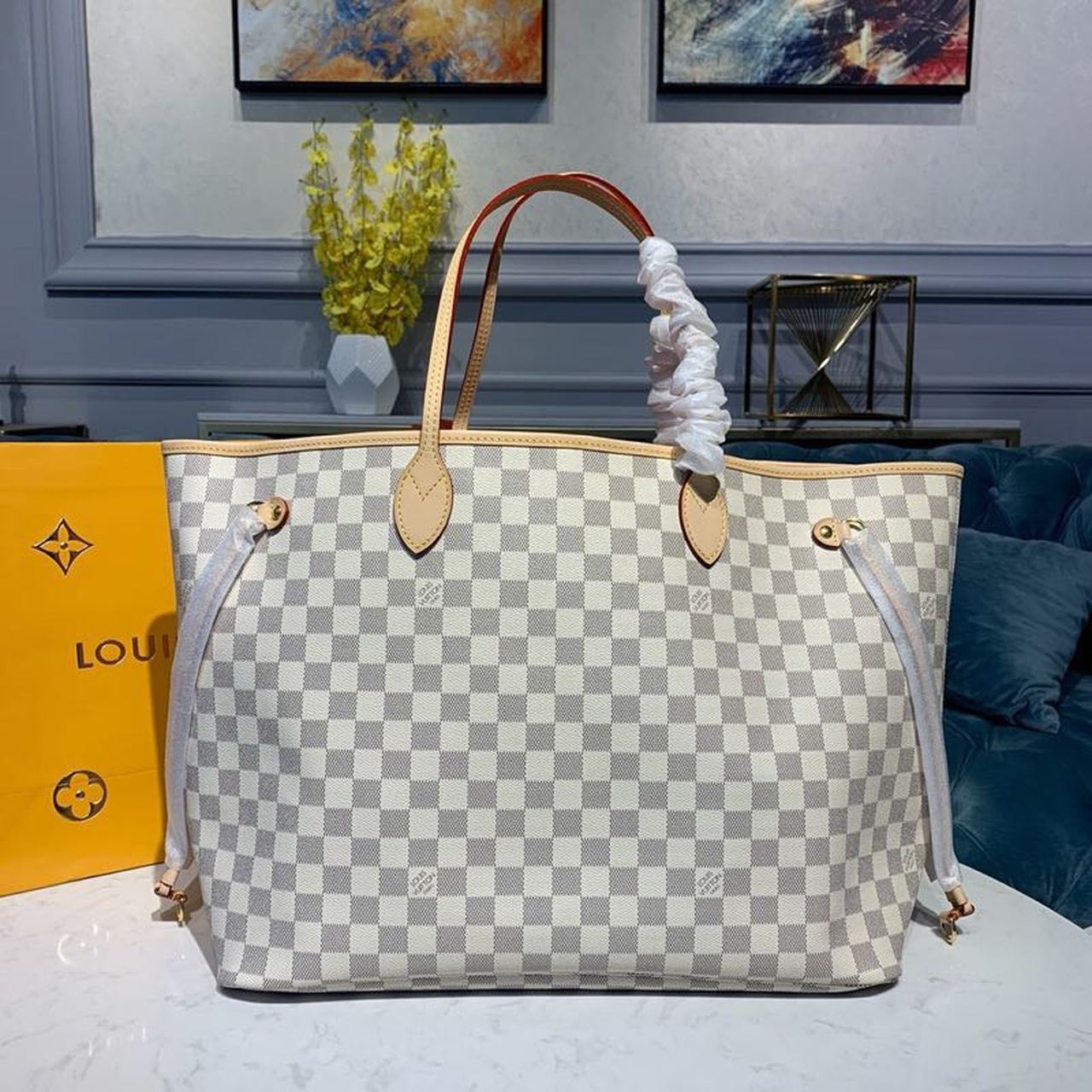 Louis Vuitton Neverfull GM Tote Bag 15.4in/ 39cm Rose Ballerine Pink Damier Azur Gold Hardware For Women N41604