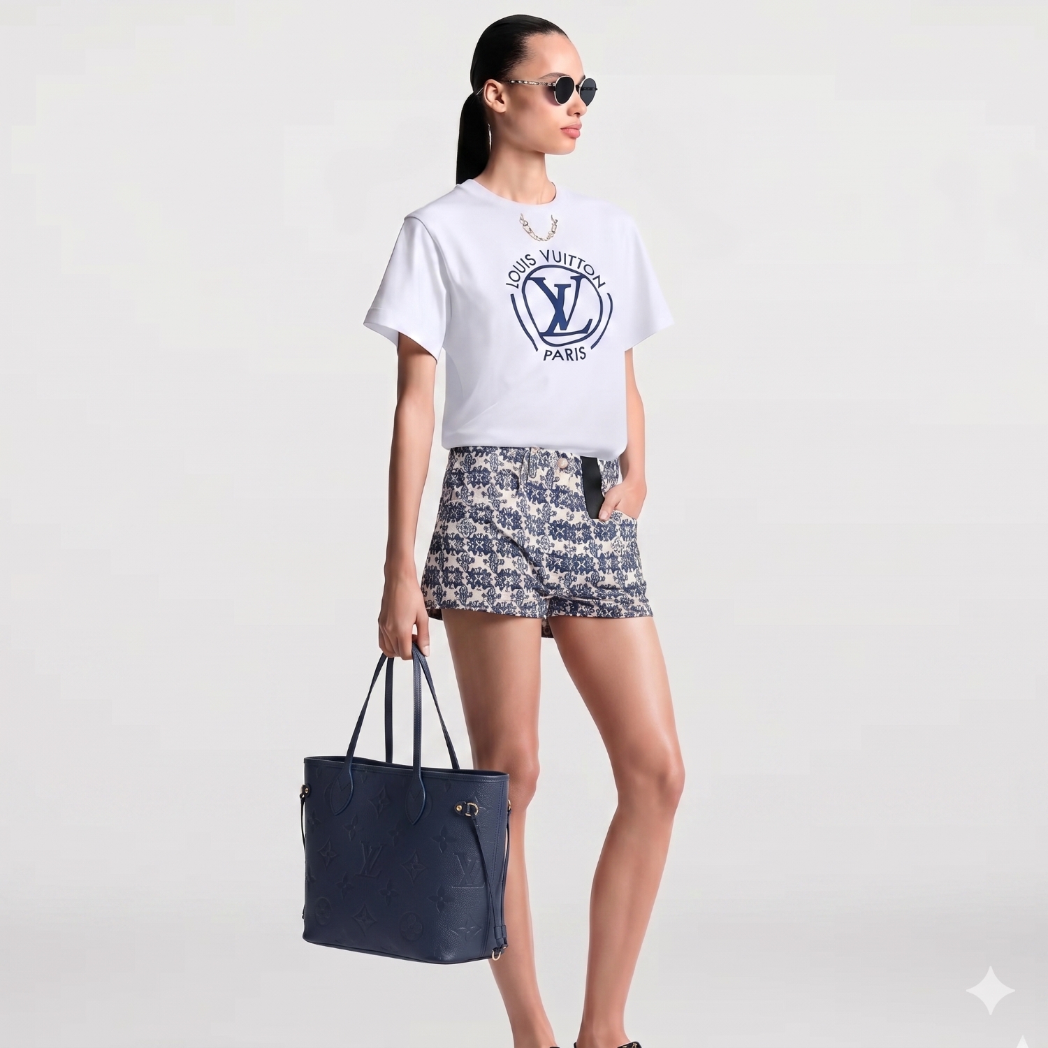 Louis Vuitton Neverfull MM Tote Bag 12.2in/ 31cm Navy Blue Monogram Empreinte Gold Hardware For Women M47143
