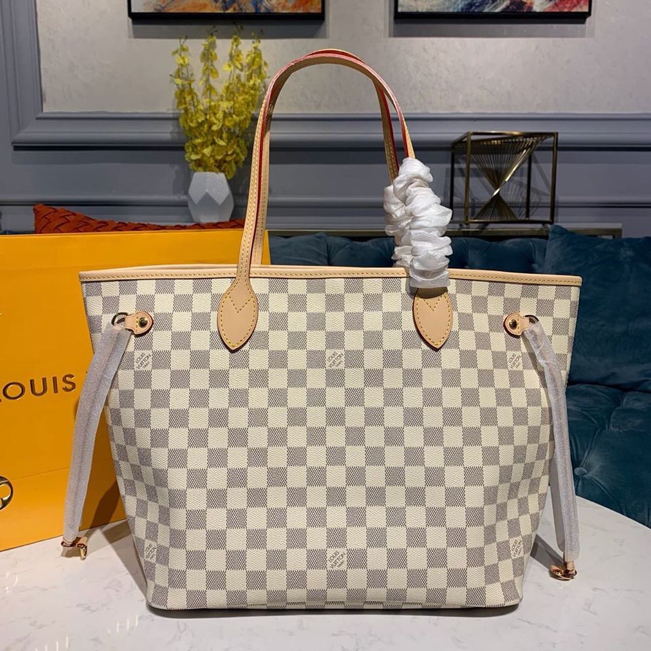 Louis Vuitton Neverfull MM Tote Bag 12.2in/ 31cm Beige Damier Azur Canvas Gold Hardware For Women N41361