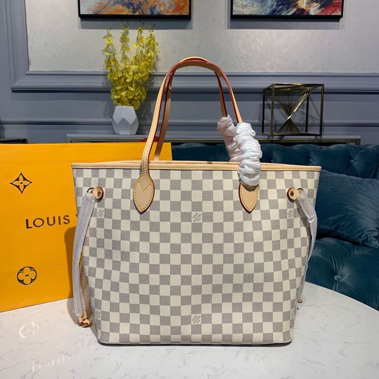 Louis Vuitton Neverfull MM Tote Bag 12.2in/ 31cm Rose Ballerine Pink Damier Azur Canvas For Women N41605