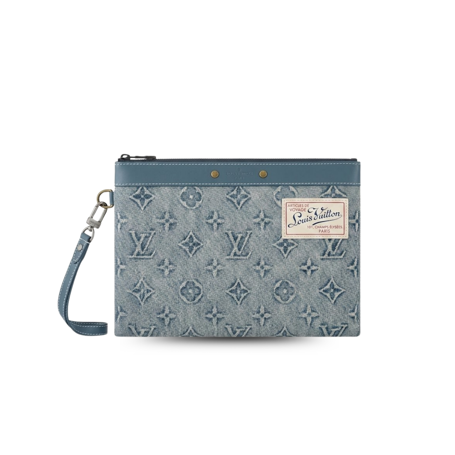 Louis Vuitton Pochette To Go Pouch 11.8in /30cm Blue Monogram Washed Denim Canvas Silver Hardware For Men M82313