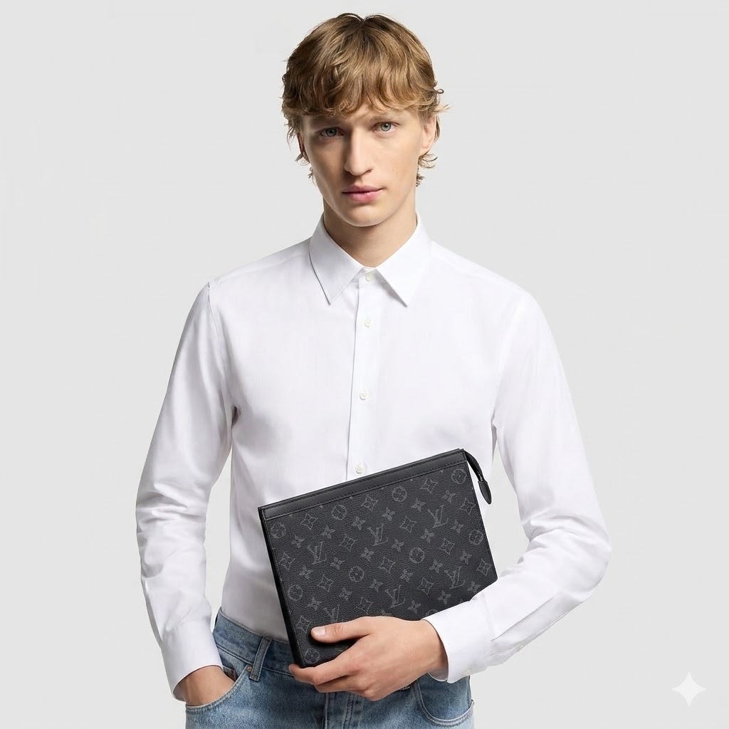 Louis Vuitton Pochette Voyage MM Pouch 10.6in/ 27cm Black/ Grey Monogram Eclipse Silver Hardware For Men M61692