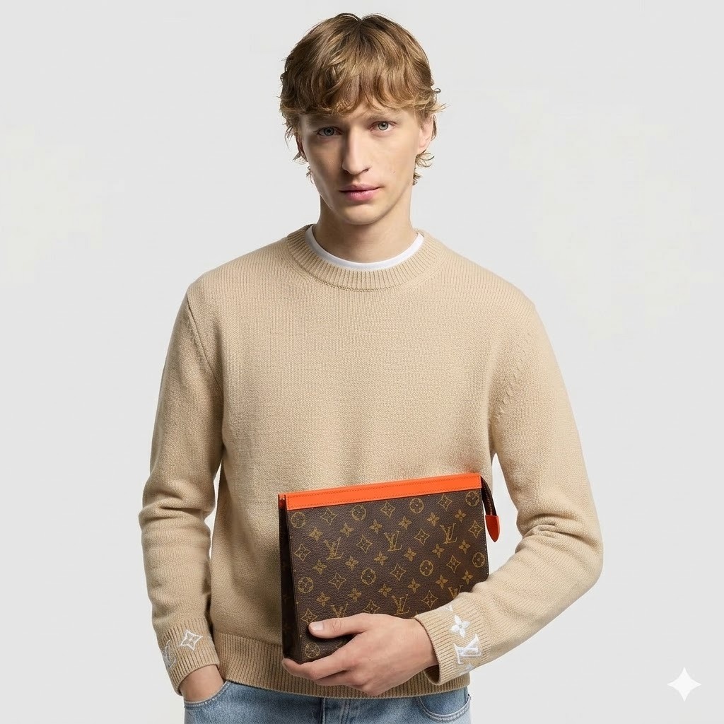 Louis Vuitton Pochette Voyage MM Pouch 10.6in/ 27cm Orange Silver Hardware For Men M82855