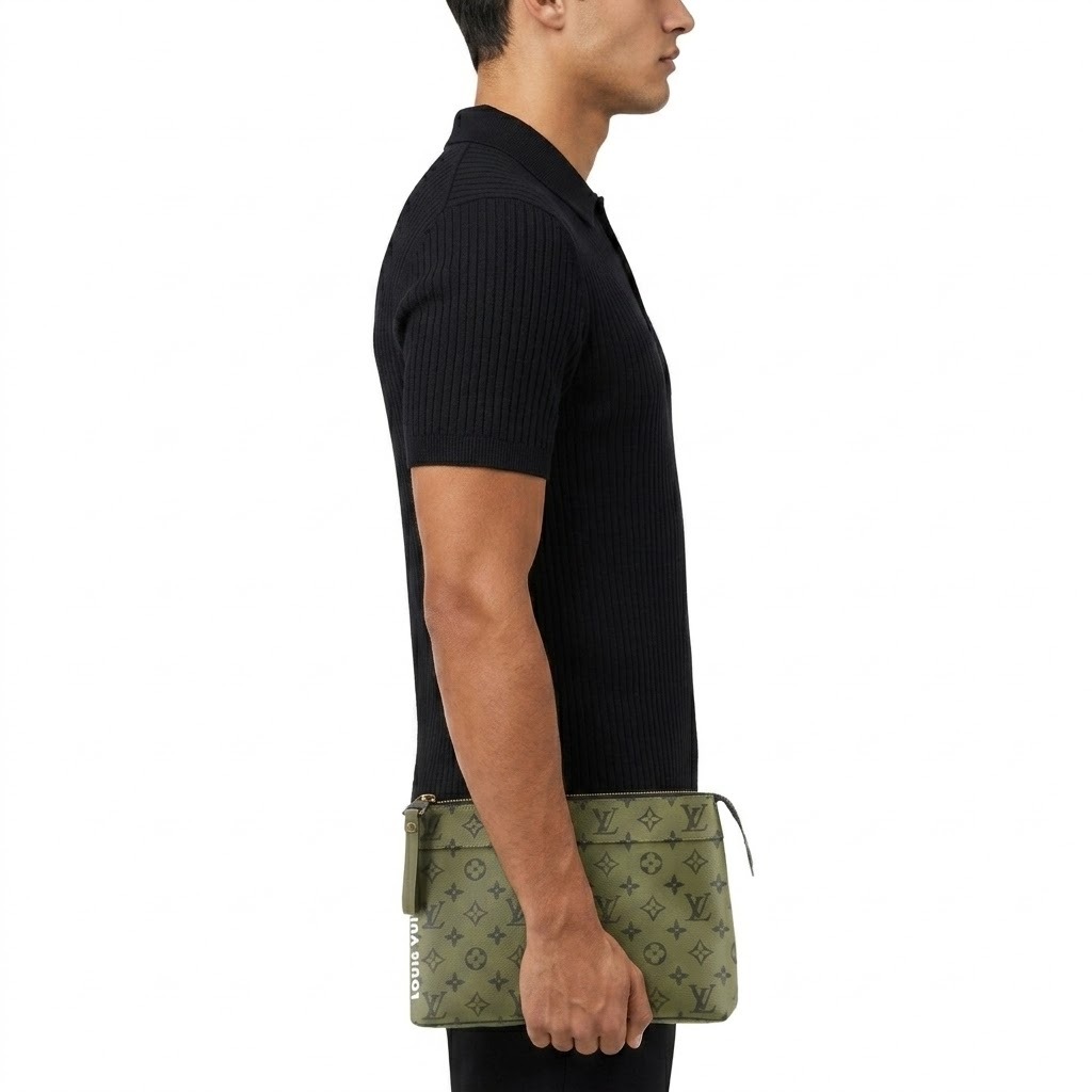 Louis Vuitton Pochette Voyage Souple Pouch 11.8in/ 30cm Khaki Green Black Hardware For Men M82800