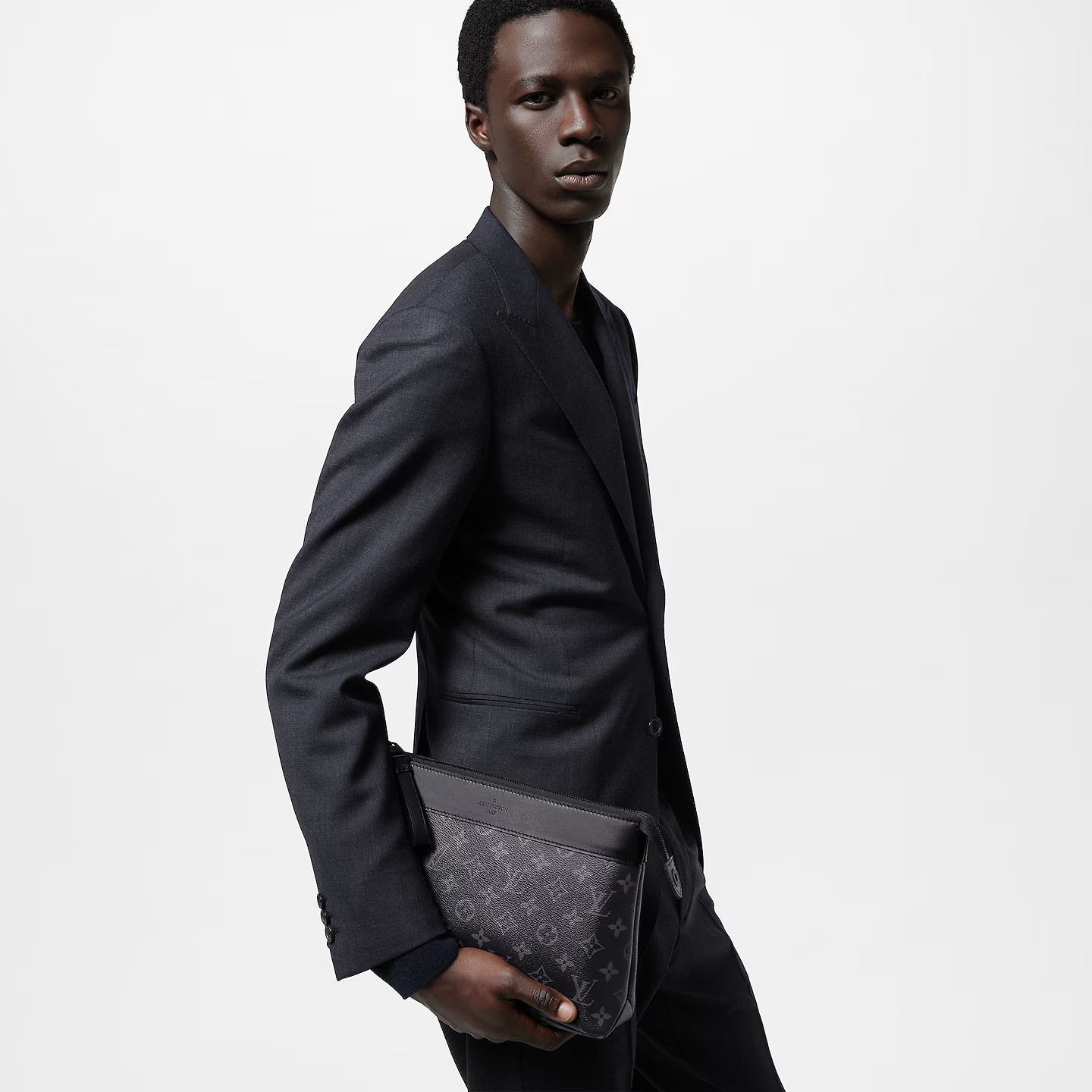 Louis Vuitton Pochette Voyage Souple Pouch 11.8in/ 30cm Black Monogram Eclipse Hardware For Men M82543