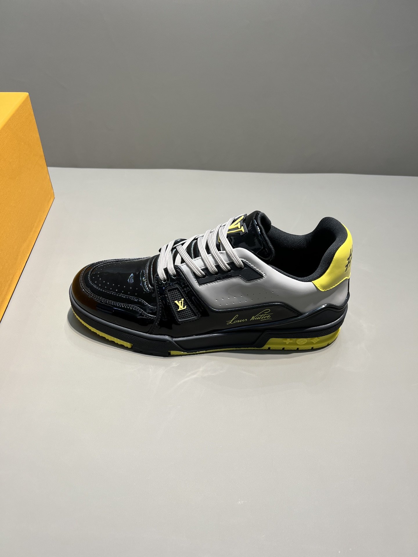 Louis Vuitton Trainer Sneaker Patent Canvas Black Virgil Abloh For Men LV 1A9JTV