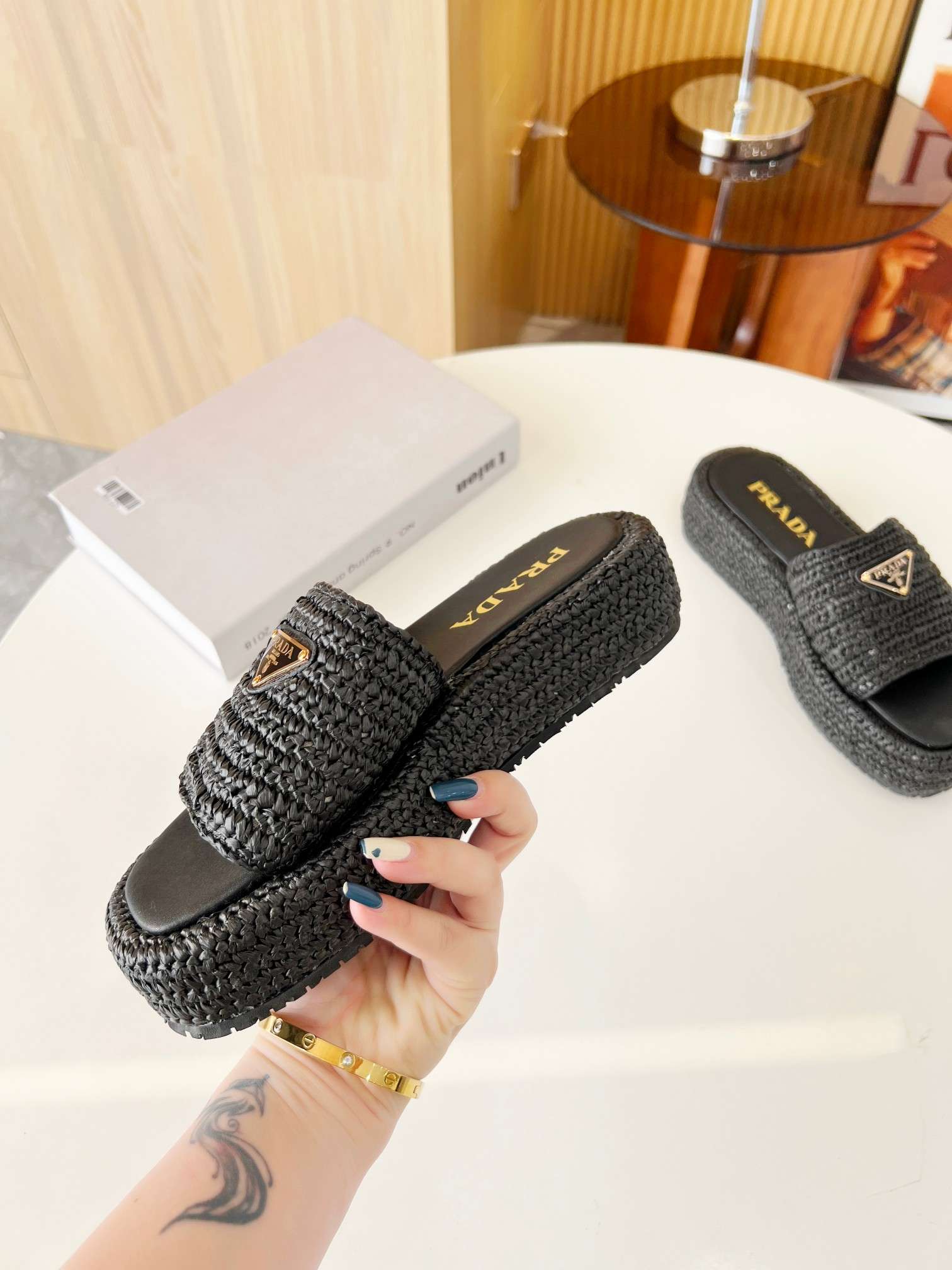 Prada Crochet Flatform Slides Black For Women