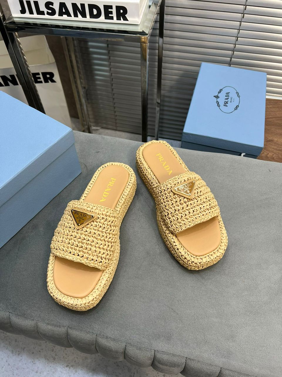 Prada Crochet Flatform Slides Brown For Women