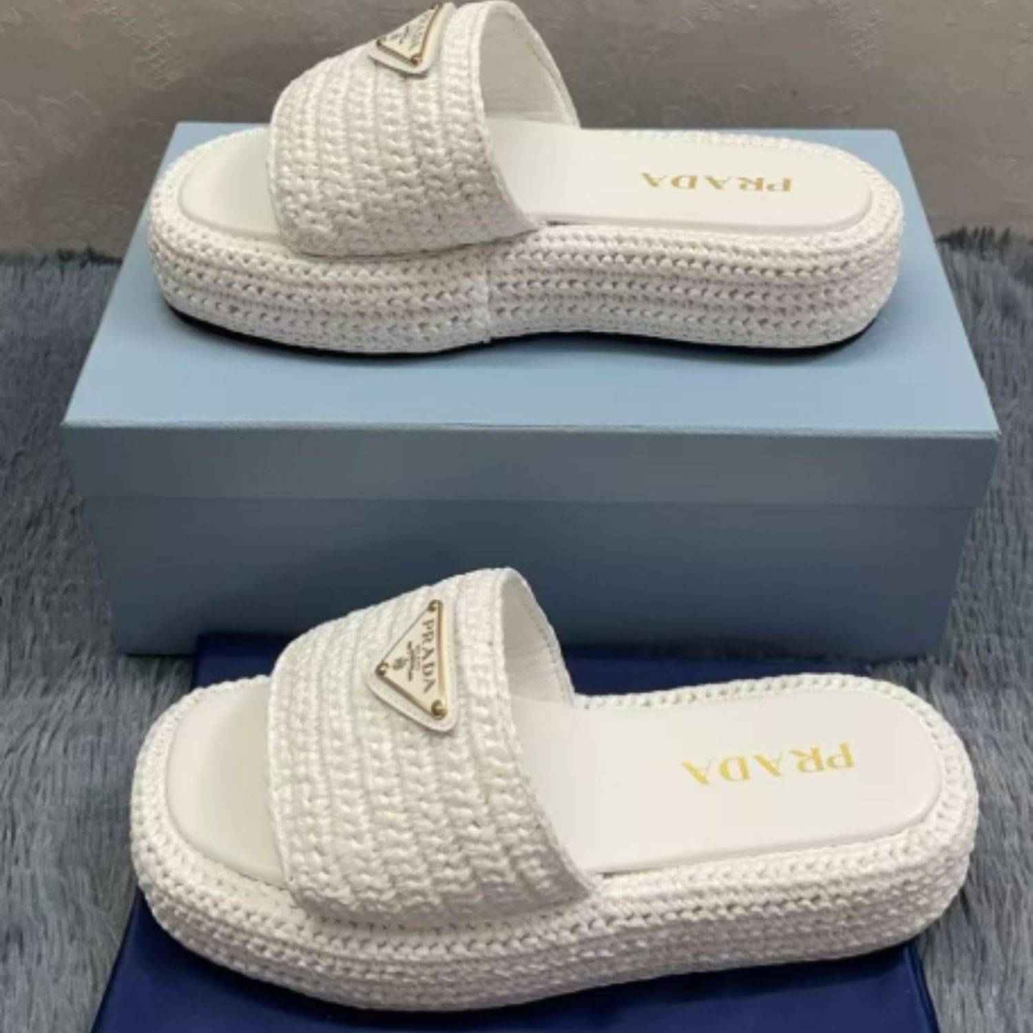 Prada Crochet Flatform Slides White For Women