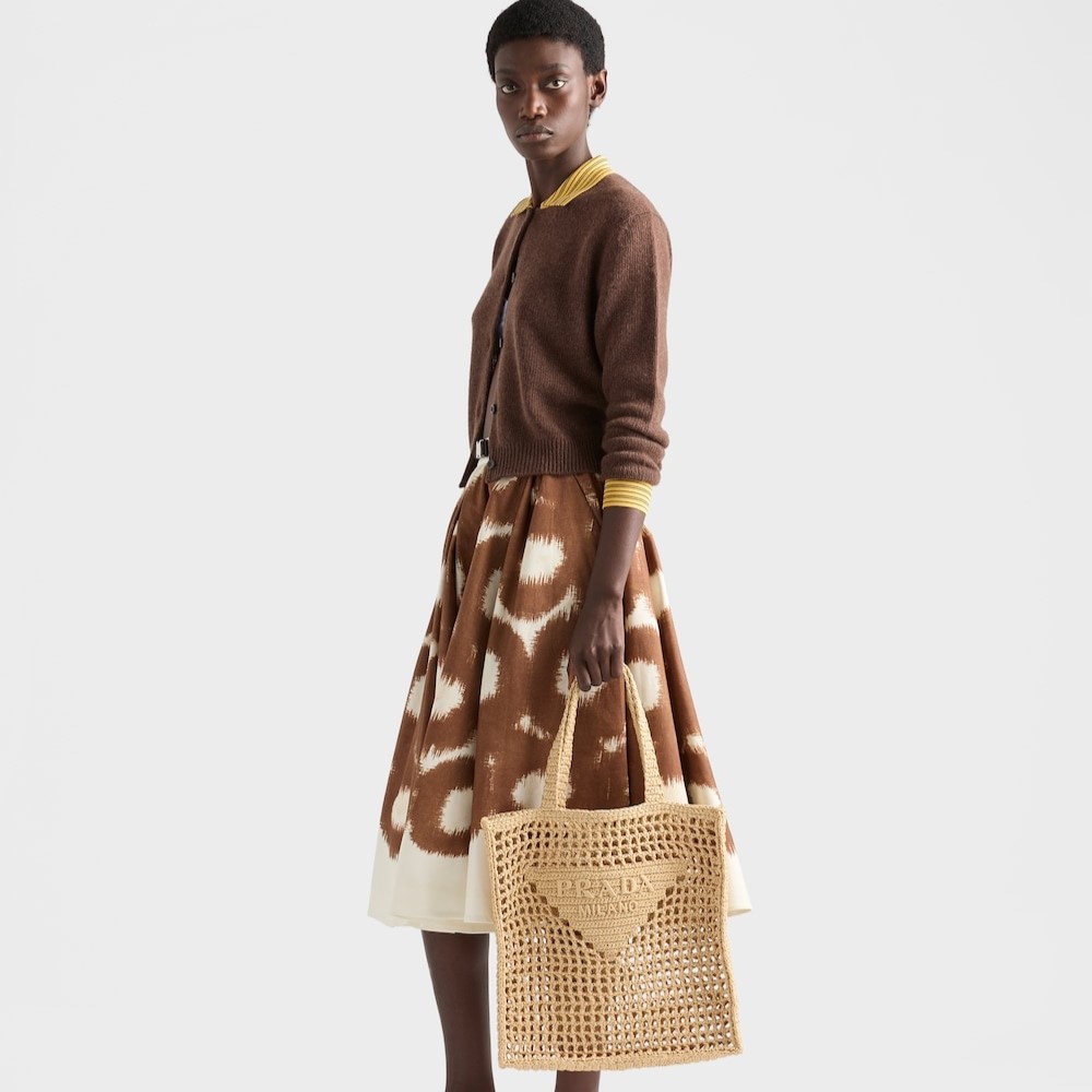 Prada Crochet Tote Bag 15in/ 38cm Tan Raffia Gold Hardware For Women 1BG393_2C2T_F05IA_V_OUO