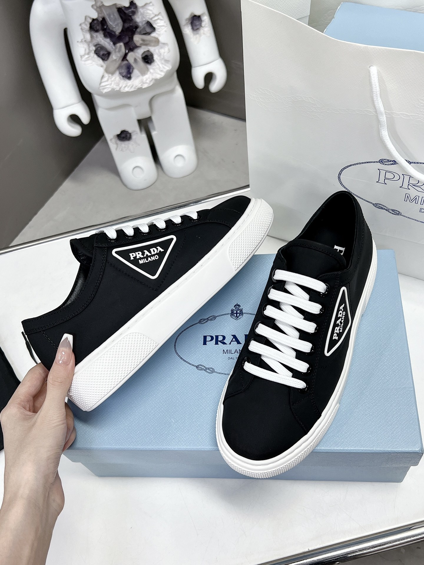 Prada Macro Re-Nylon And Brushed Sneakers Black For Women 1.2in/30mm PRD