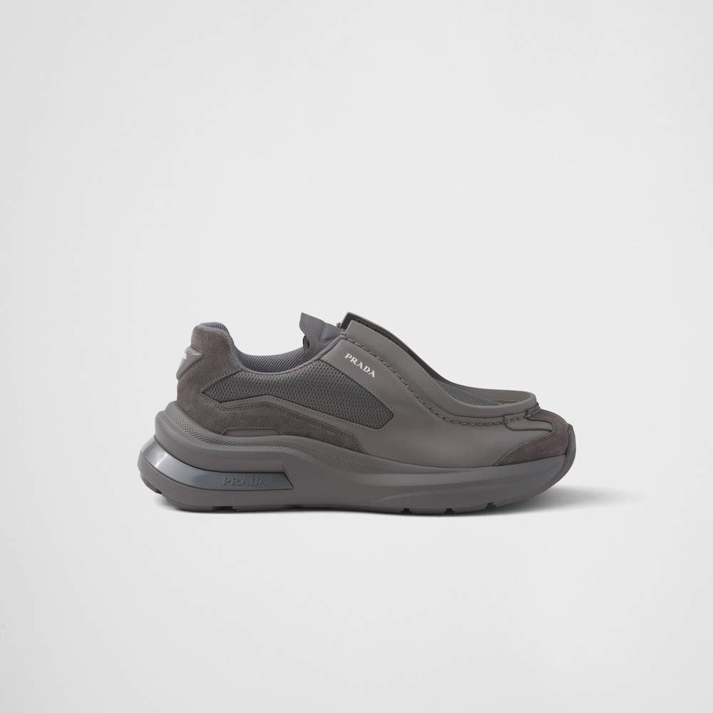 Prada Systeme Brushed Leather Sneakers With Bike Fabric And Suede Marble Gray For Men 2EG424_3C37_F0DWG