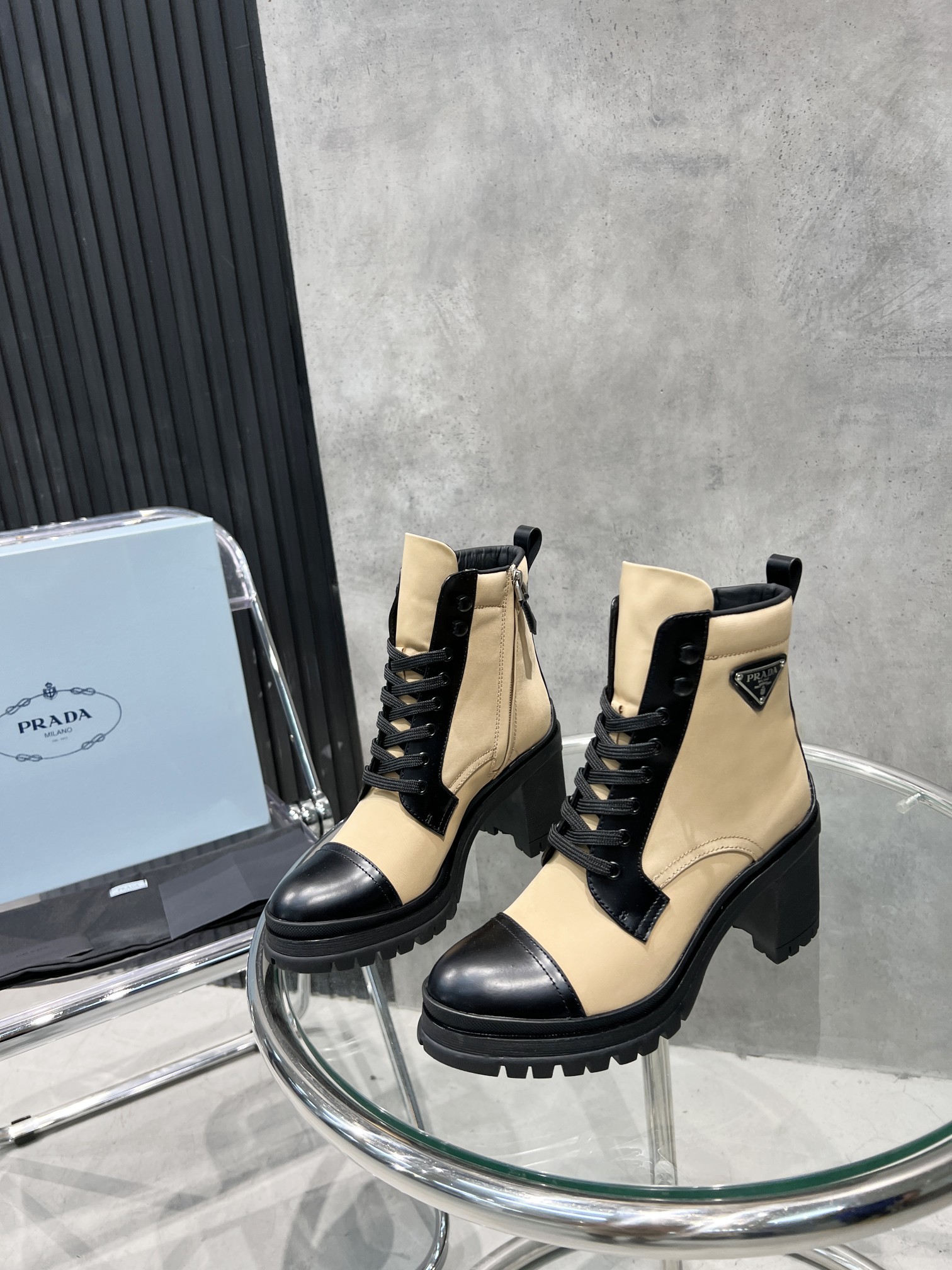 Prada Tronchetti Lace-Up Boots Beige For Women PRD