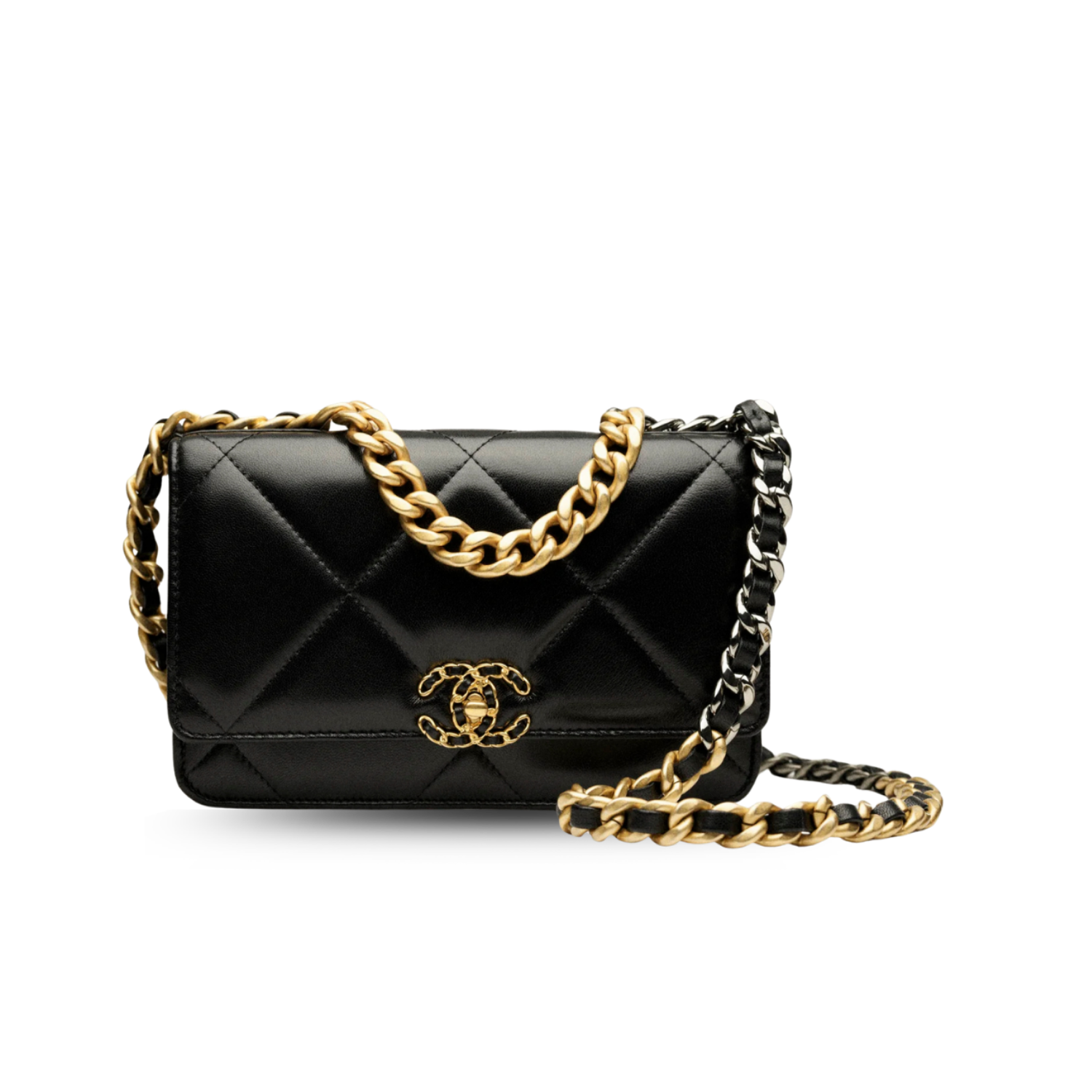 Chanel 19 Wallet On Chain Crossbody Bag 7.5in/ 19cm Black Gold Hardware For Women AP3267 B04852 94305
