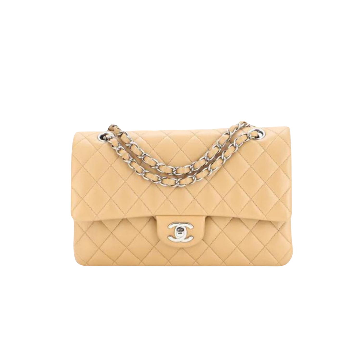Chanel Classic Flap Bag Crossbody 10.2in/ 26cm Beige Silver Hardware For Women A01112