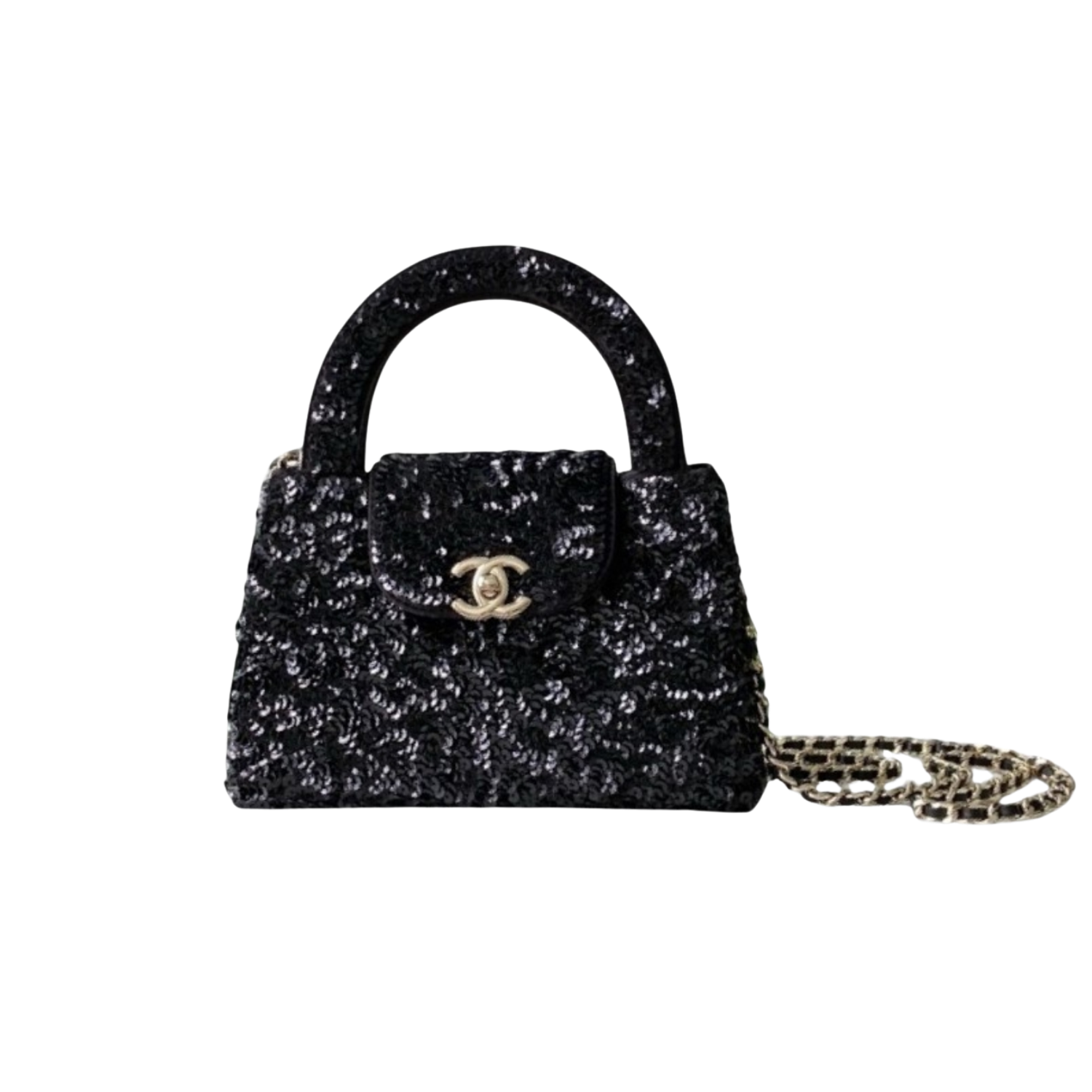 Chanel Kelly Sequin Top Handle Bag 7.8in/ 19cm Black Gold Hardware For Women -