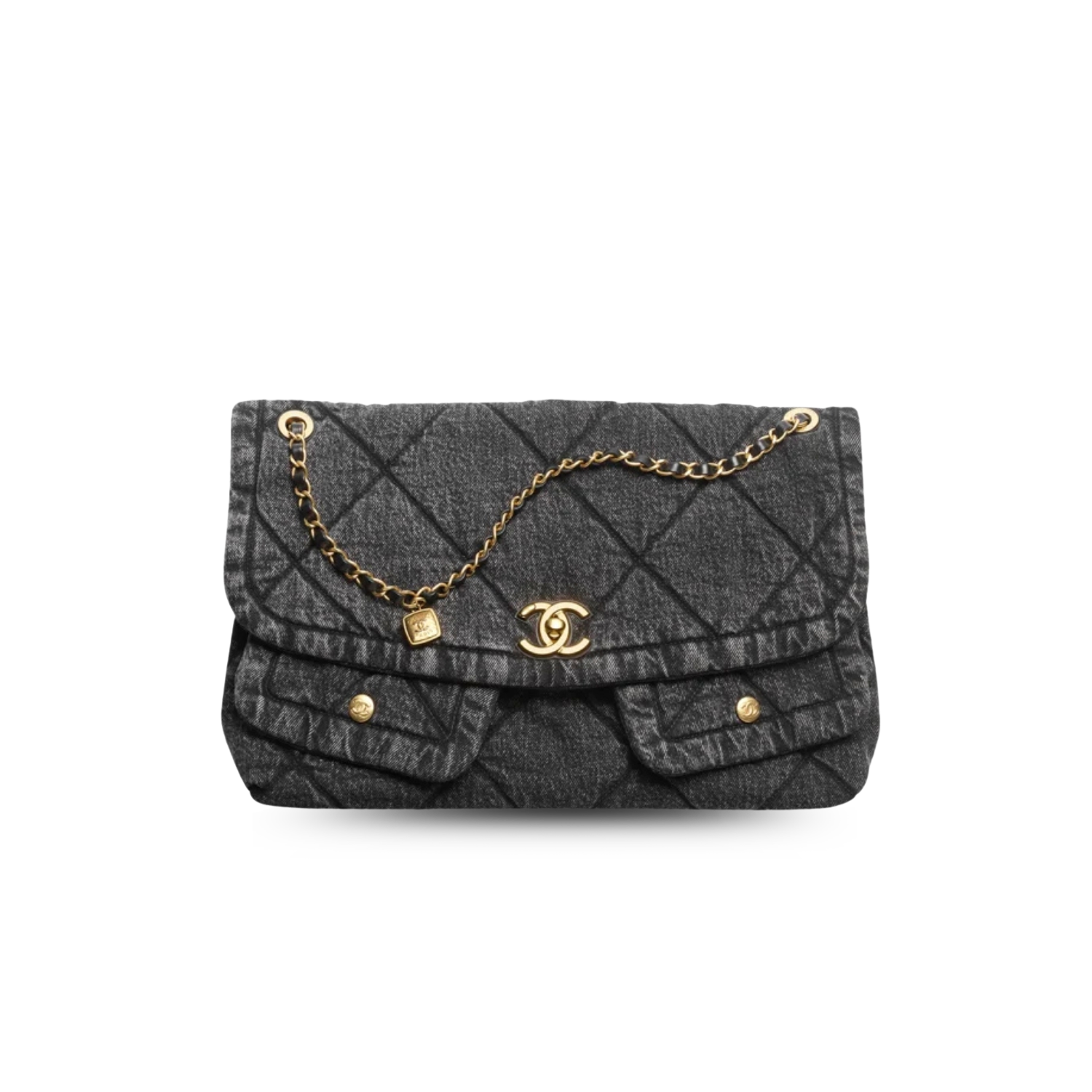 Chanel Flap Bag Maxi Crossbody 17.7in/ 45cm Black Denim Gold Hardware For Women AS5727 B22144 94305