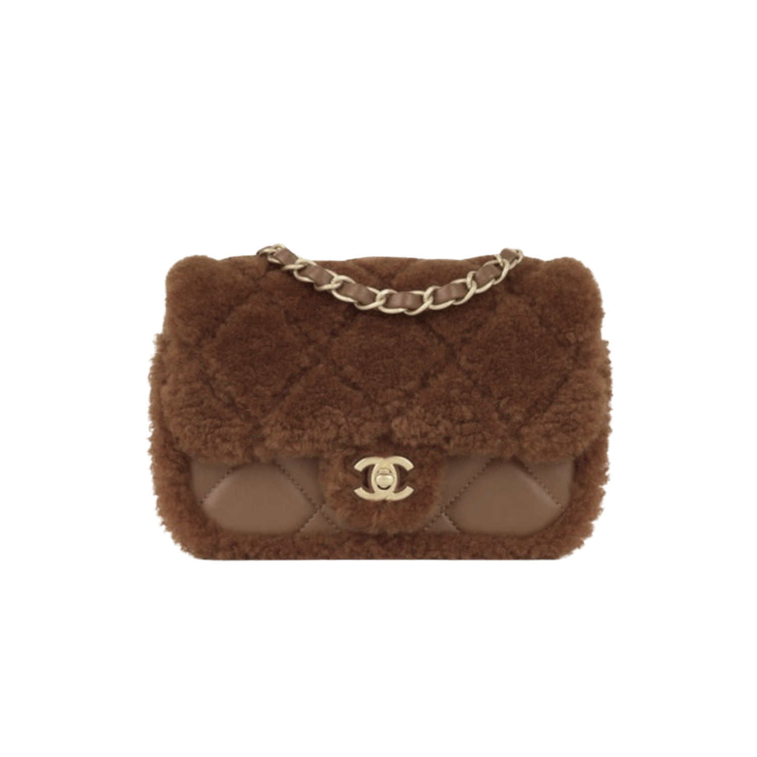 Chanel Flap Bag Shearling Mini Crossbody 7.1in/ 18cm Dark Brown Gold Hardware For Women